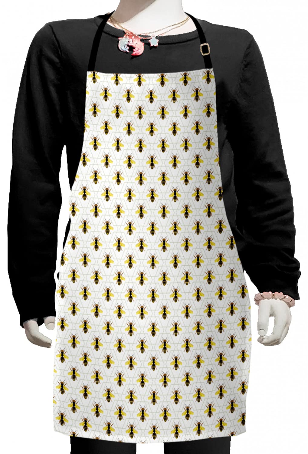 Ambesonne Queen Bee Apron - Small Adjustable Bib Apron with Hexagon Bee Silhouette Design for Baking, Painting & Cooking - White & Mustard Kitchen Apron for Women & Men - Perfect for Home Chefs, Artists & BBQ Parties