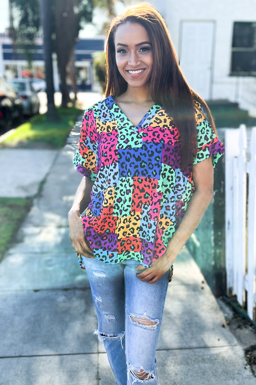 Stylish Multicolor Animal Print Patchwork V-Neck Dolman Cap Sleeve Blouse for Women | Trendy Casual Top for Outings, Parties & Everyday Wear