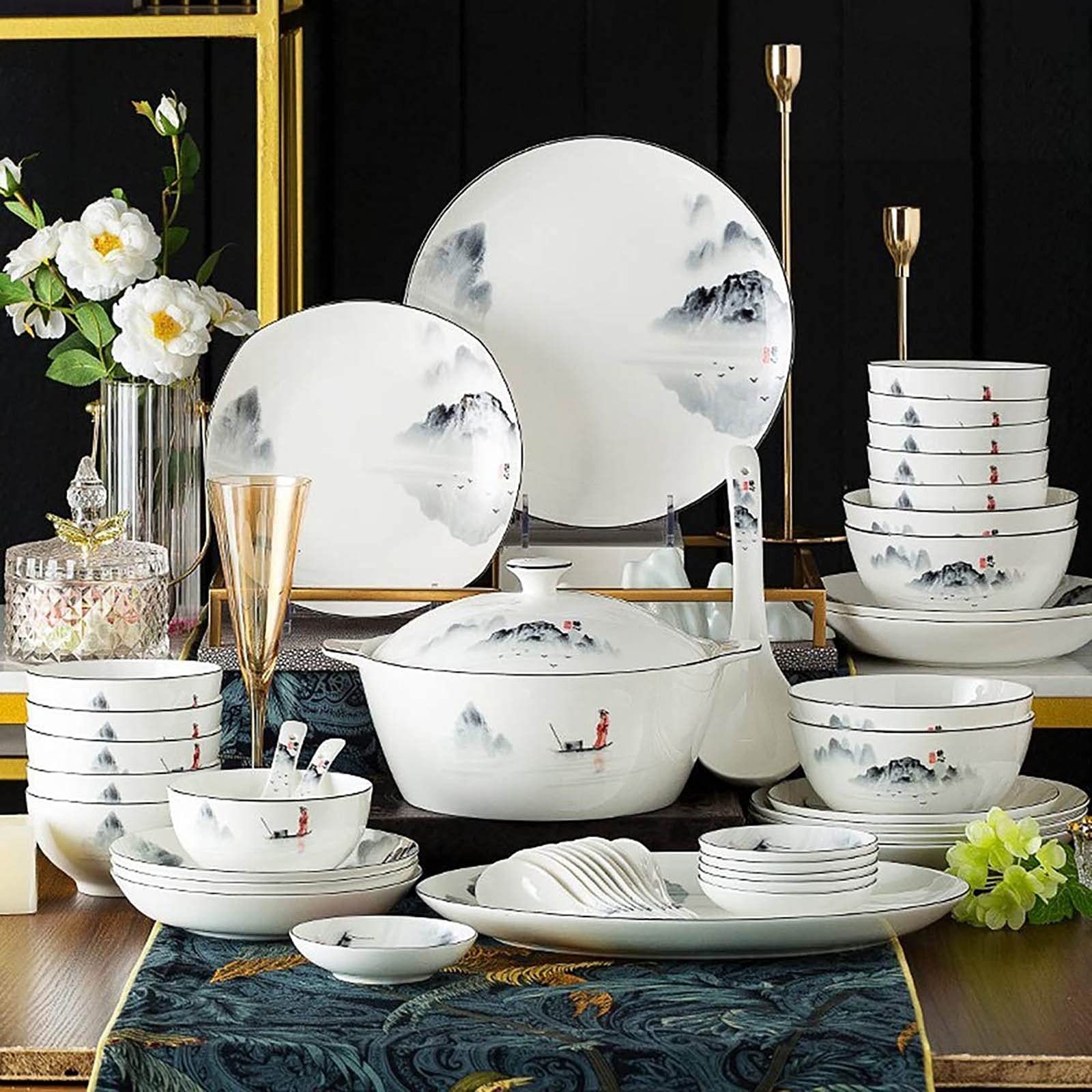 60-Piece Chinese Style Porcelain Dinnerware Set - Antique Ink Painting Design Plates, Bowls, Spoons & Soup Pot - Service for 12 - Elegant Tableware for Family Gatherings, Dinner Parties & Holiday Entertaining