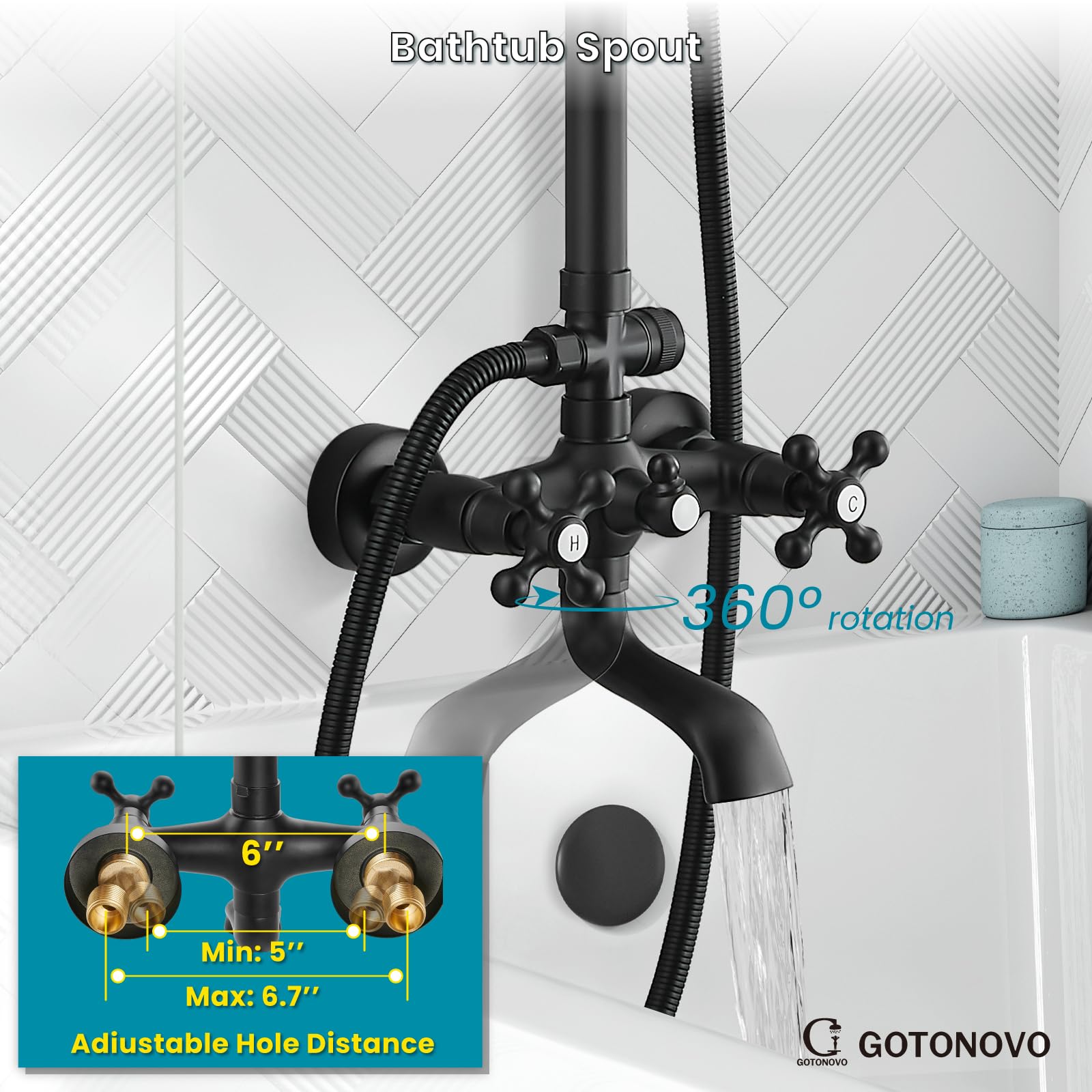 Gotonovo 8 Inch Exposed Shower System - Matte Black Rainfall Showerhead with 3-Function Spray, Tub Spout & 2 Cross Handles for Bathroom Remodeling | Perfect for Master Bath, Guest Bath & Spa-Like Shower Experience