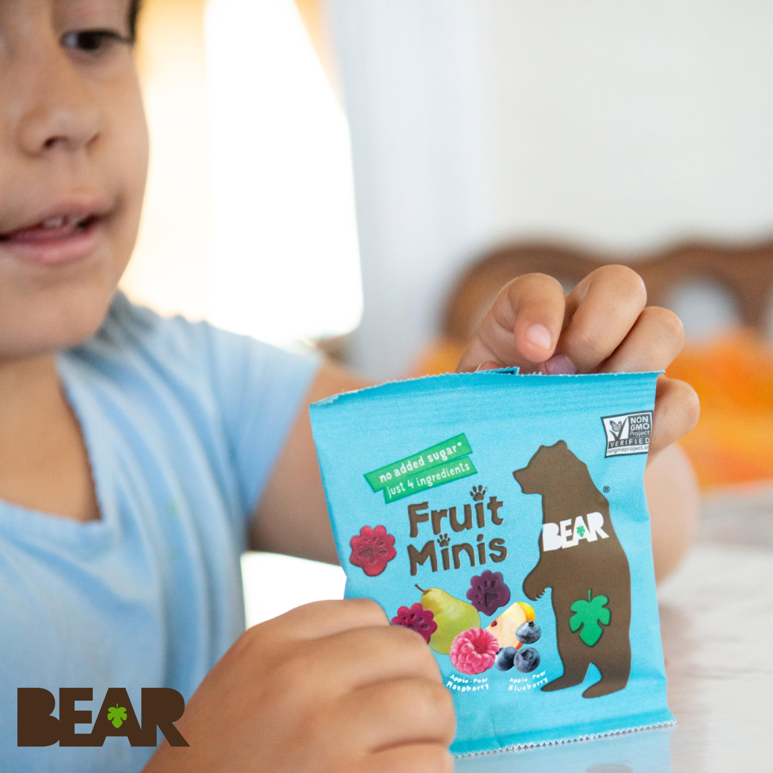 BEAR Real Fruit Snack Minis - Raspberry & Blueberry, No Added Sugar, All Natural, Non-GMO, Gluten Free, Vegan, Bite-Sized Healthy Snacks for Kids (3.5 oz) - Perfect for Lunchboxes, After-School Treats & On-the-Go Snacking