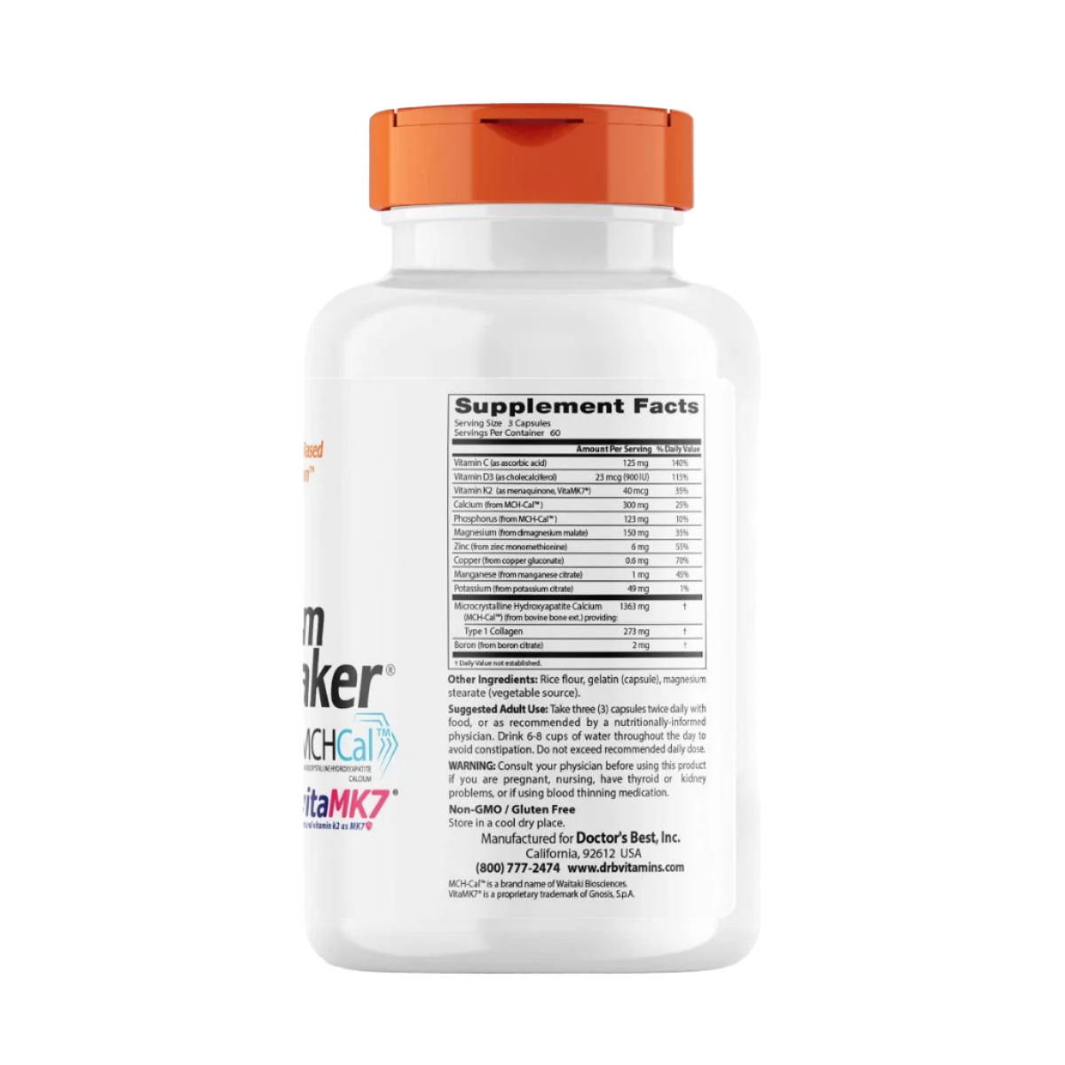 Doctor's Best Calcium Bone Maker Complex with MCHCal & VitaMK7 - 180 Capsules | Supports Bone Health & Strength | Ideal for Adults & Seniors for Daily Bone Support