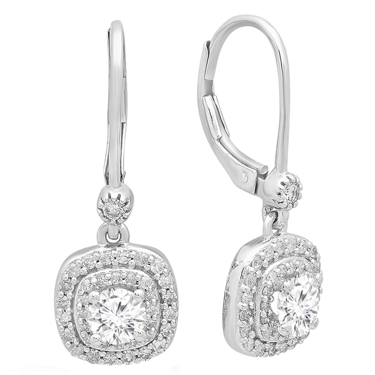1.05 Cttw 10K White Gold Round Diamond Halo Drop Earrings for Women - Dazzlingrock Collection | Elegant Dangling Earrings for Parties, Weddings & Special Occasions