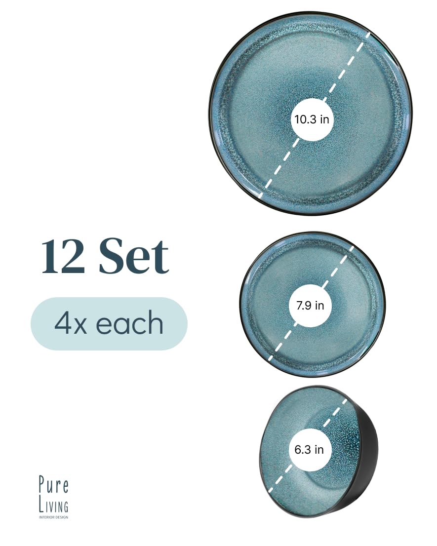12-Piece Modern Stoneware Dinnerware Set for 4 - Scratch Resistant & Dishwasher Safe Plates & Bowls - Black & Petrol Blue Ceramic Tableware - Perfect for Everyday Dining, Dinner Parties & Family Gatherings