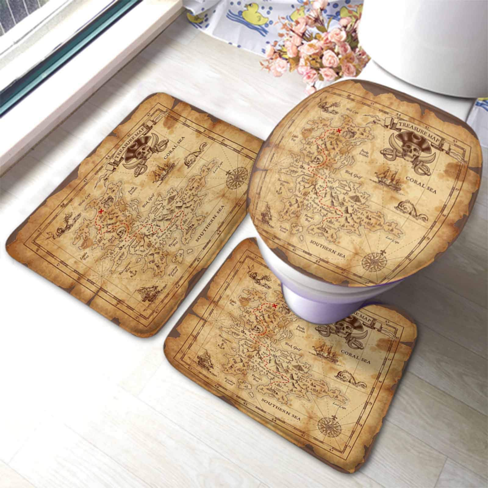 3-Piece Pirate Themed Bathroom Rug Set - Treasure Map, Sailboat Compass & Emblem Design on Vintage Parchment - Non-Slip Contour Mat, Toilet Cover & Floor Mat for Nautical Bathroom Decor | Perfect for Pirate Lovers, Kids' Bathrooms & Adventure-Themed Home Decor