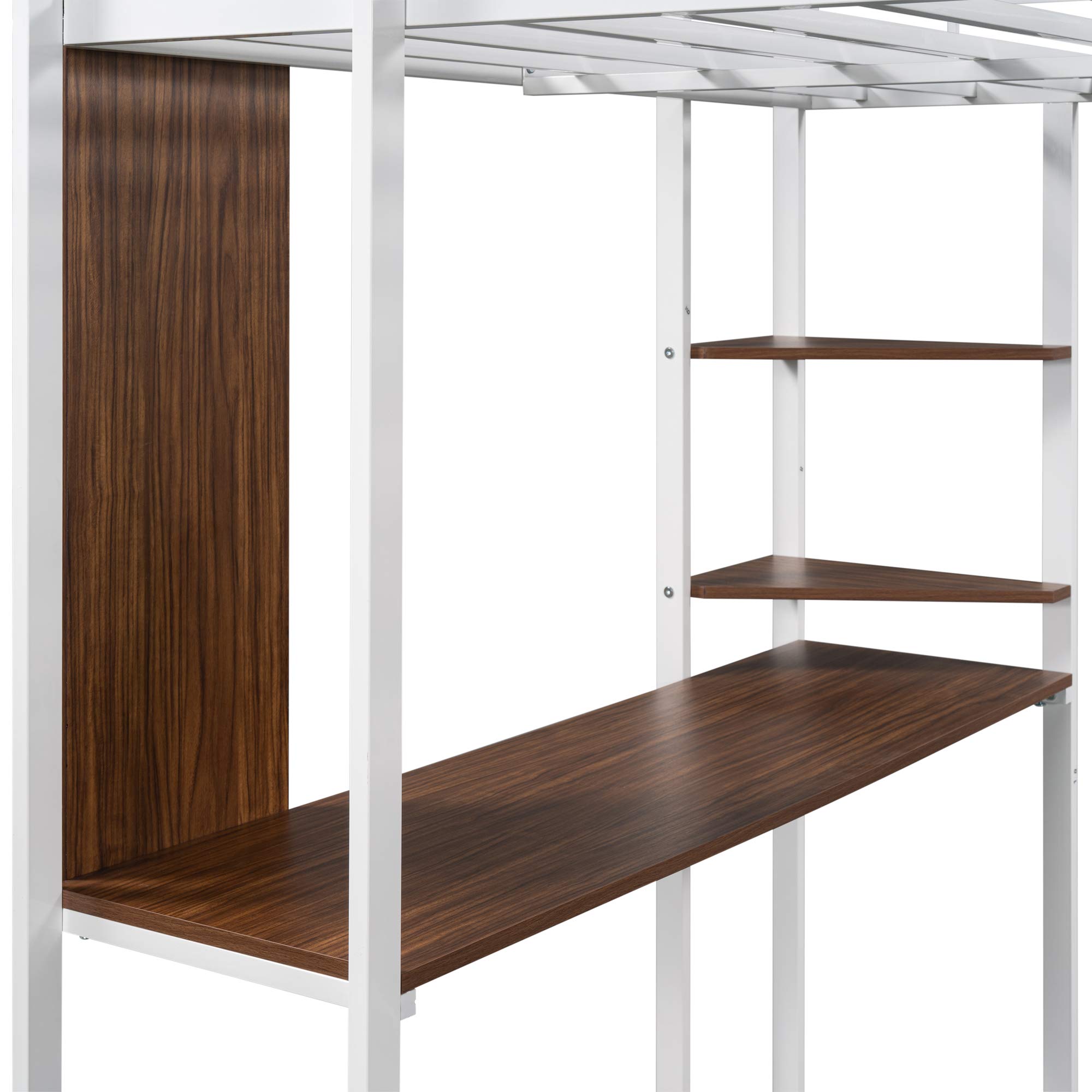 KLMM Full Size Metal Loft Bed with 2 Ladder & Built-in Desk - Space Saving Bed Frame with Storage Shelf & Full-Length Guardrail - No Box Spring Needed (White) - Perfect for Small Bedrooms, Dorms & Studio Apartments