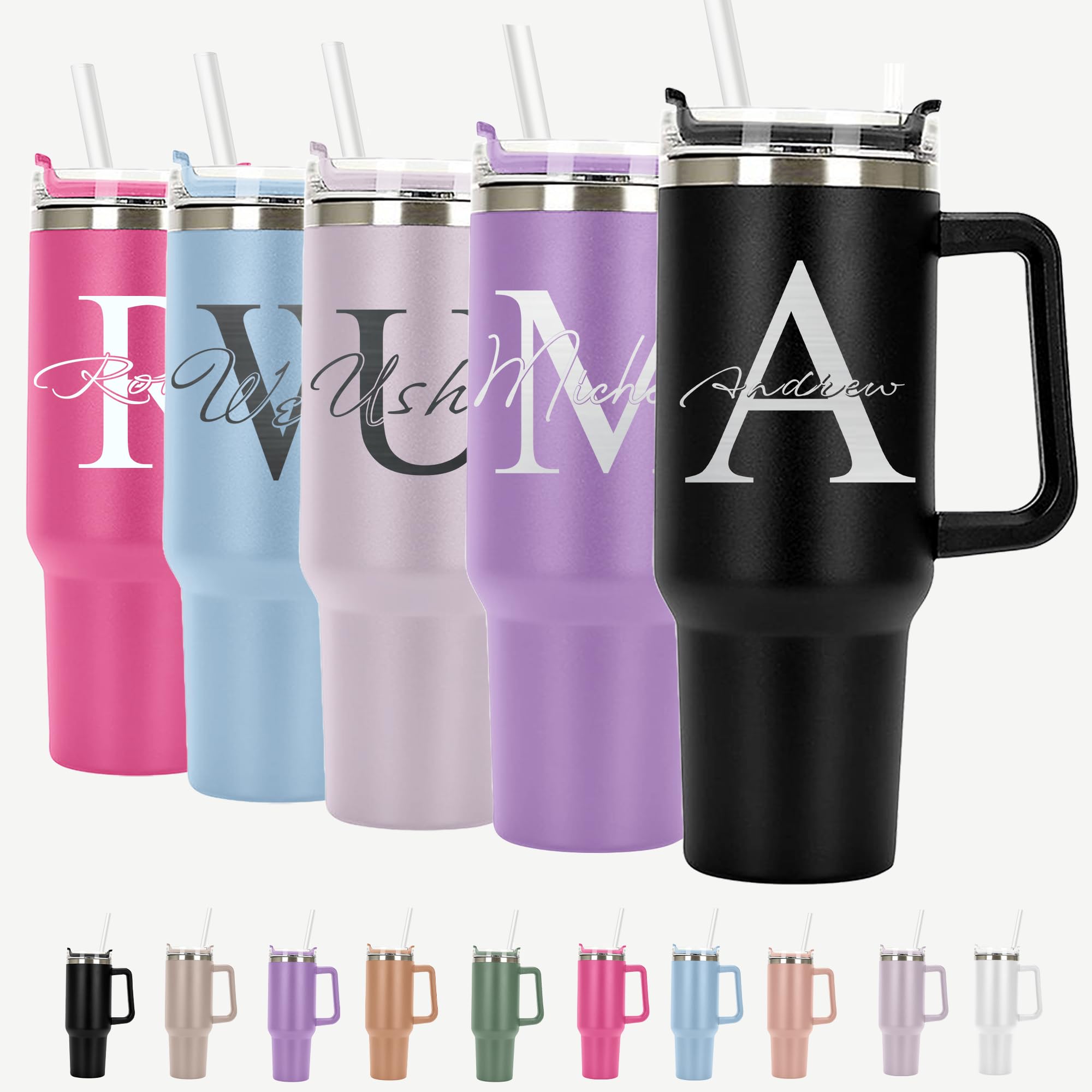Personalized 40 oz Split Monogram Tumbler - Laser Engraved Insulated Cup with Handle, Lid & Straw - Valentine's Day Birthday Gift for Women - Perfect for Coffee, Tea & Cold Drinks at Home, Office or Gym