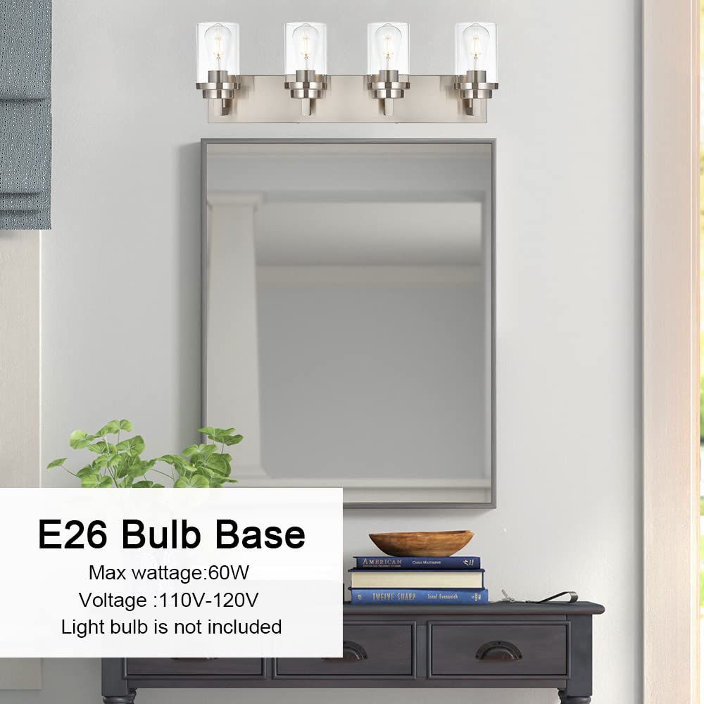 MELUCEE 4-Light Brushed Nickel Vanity Light - Modern Bathroom Mirror Lighting Fixture with Clear Glass Shade - Industrial Wall Sconce for Bathroom, Kitchen & Dresser Mirror (Perfect for Makeup Vanity, Powder Room & Cabinet Lighting)