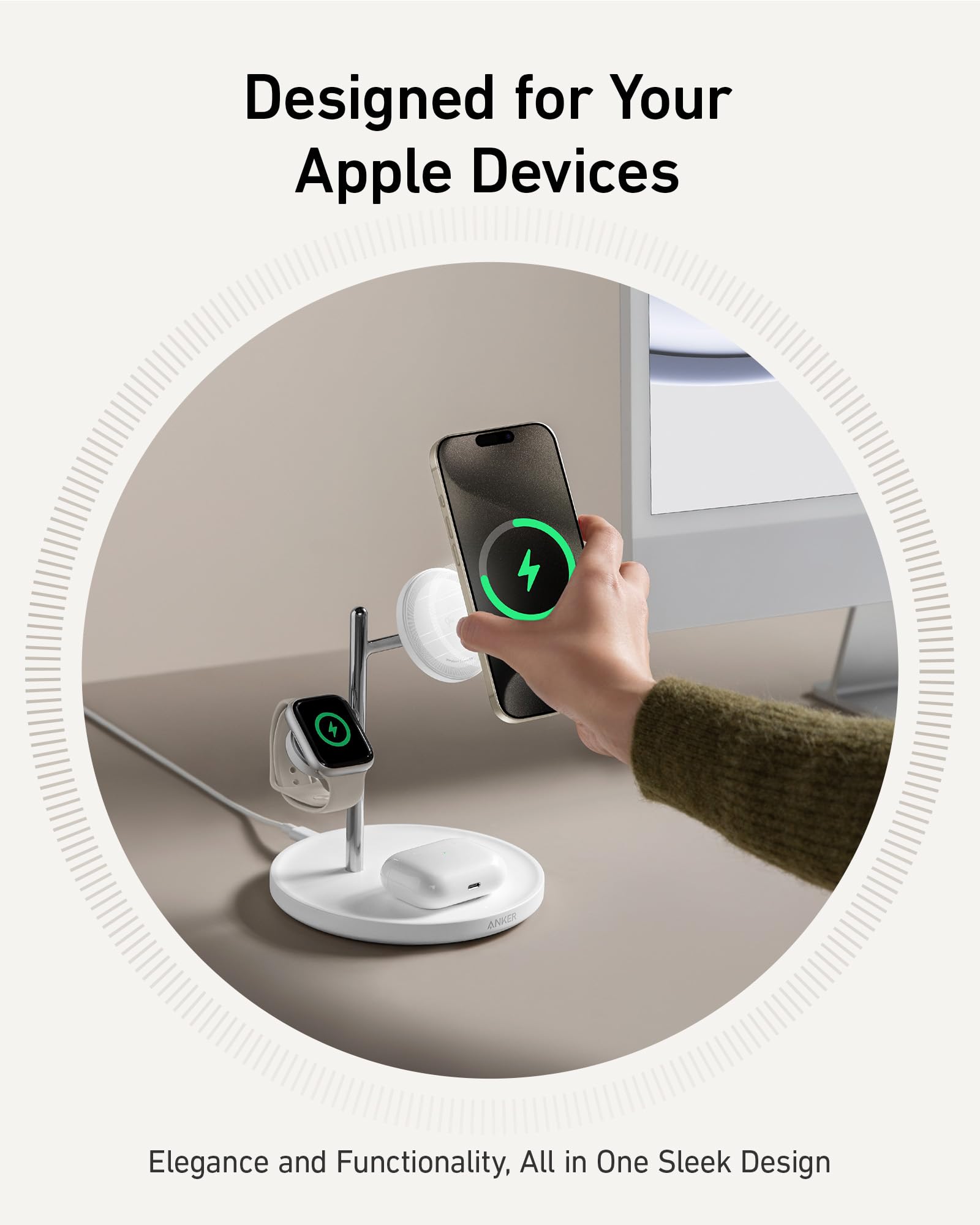 Anker 3-in-1 Wireless Charging Station with MagSafe | Qi2 Certified 15W Fast Charging Stand for iPhone 15/14/13 Series, AirPods Pro & Apple Watch Ultra | Includes USB-C Cable | Perfect for Home, Office & Travel Charging