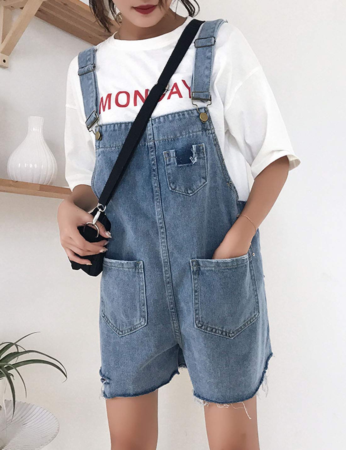 Flygo Women's Juniors Relaxed Fit Raw Hem Ripped Bib Overalls Denim Shortalls - Casual Summer Outfit, Streetwear Fashion, Music Festival Style