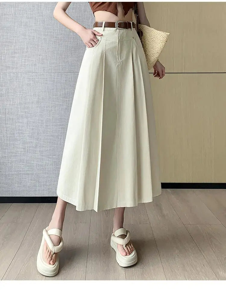2024 Women's Black & Beige Denim Long Skirt - High Waist Pleated A-Line Umbrella Jean Skirt for Spring Summer | Office Wear, Casual Outfits & Date Night Fashion