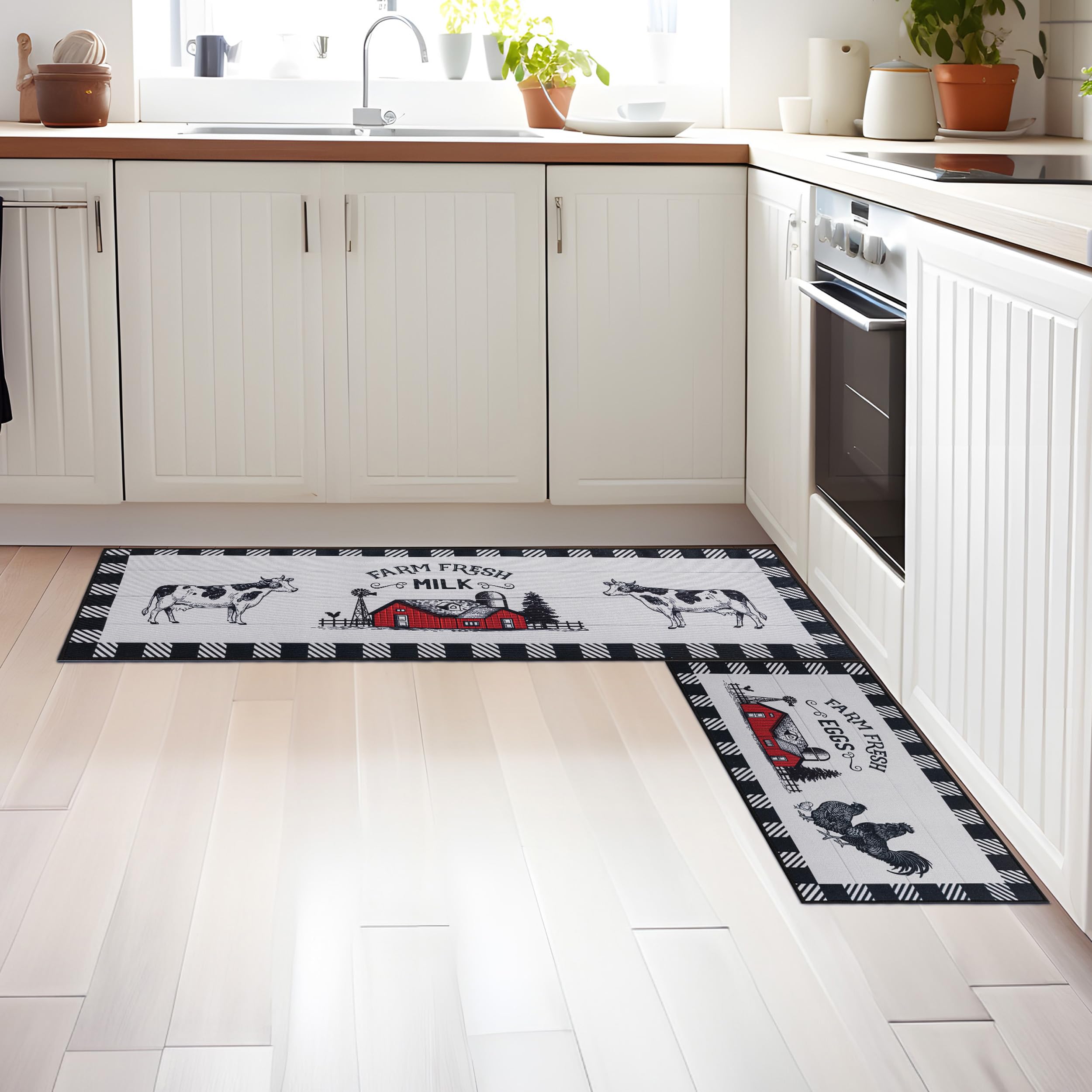 Farmhouse Kitchen Rugs Set of 2 - Non-Slip Washable Black and White Plaid Floor Mats - 17