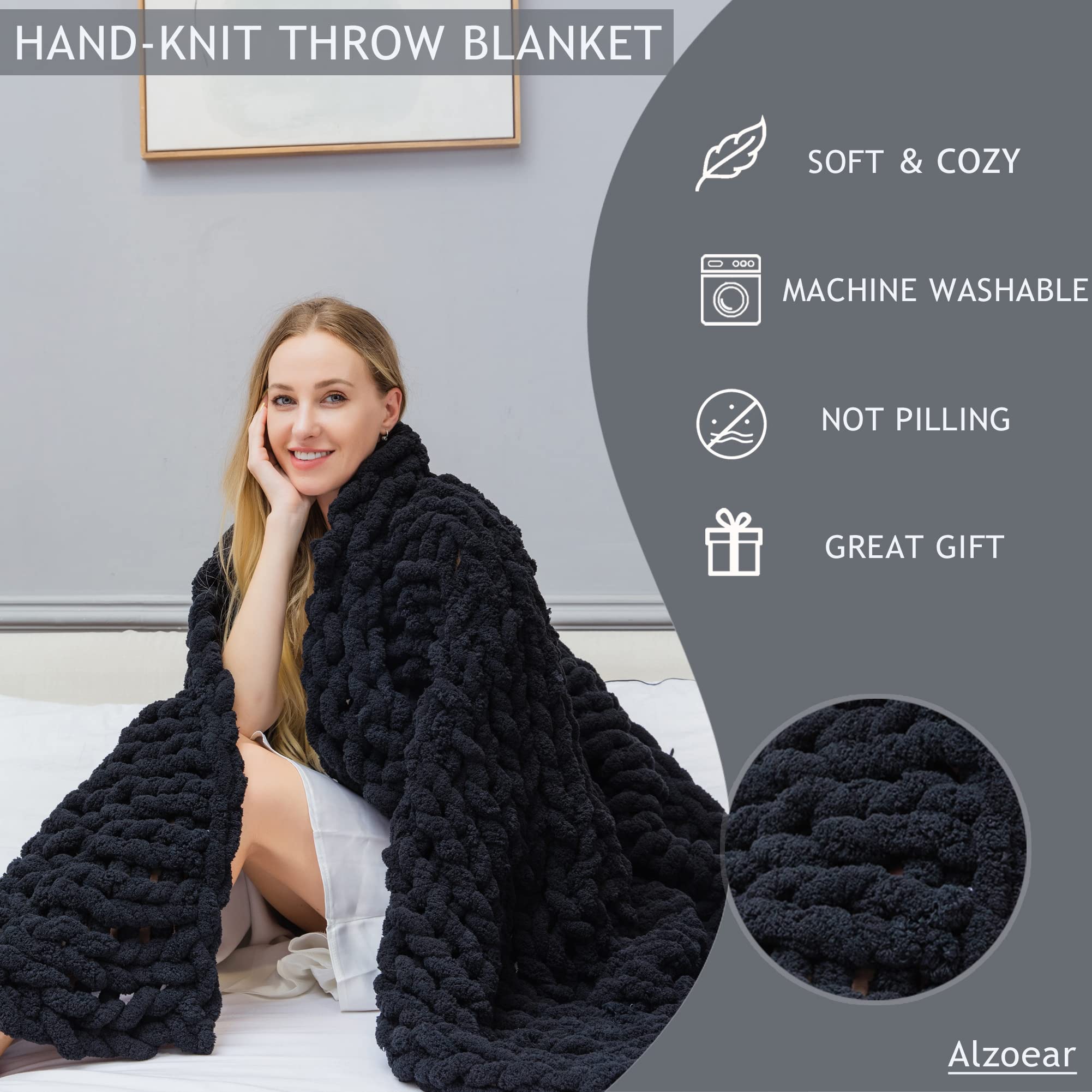 Alzoear Chunky Knit Throw Blanket - Soft Chenille Handmade Cozy Warm Blanket for Sofa, Bed, Couch - Perfect for Living Room, Bedroom Decor & Winter Snuggling (Black, 60x80 Inches)