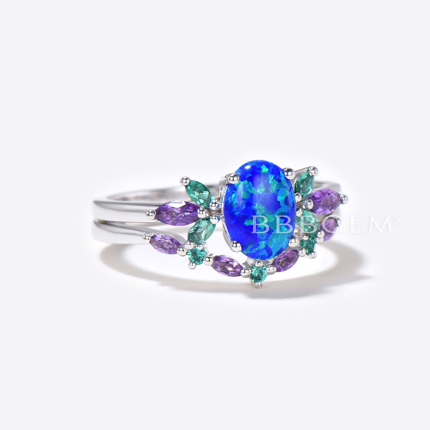 1.5ct Oval Cut Blue Opal Engagement Ring Set - Sterling Silver with Emerald & Amethyst Accents - Wedding Ring, Bridal Jewelry Set - Perfect for Proposals, Anniversaries & Romantic Gifts