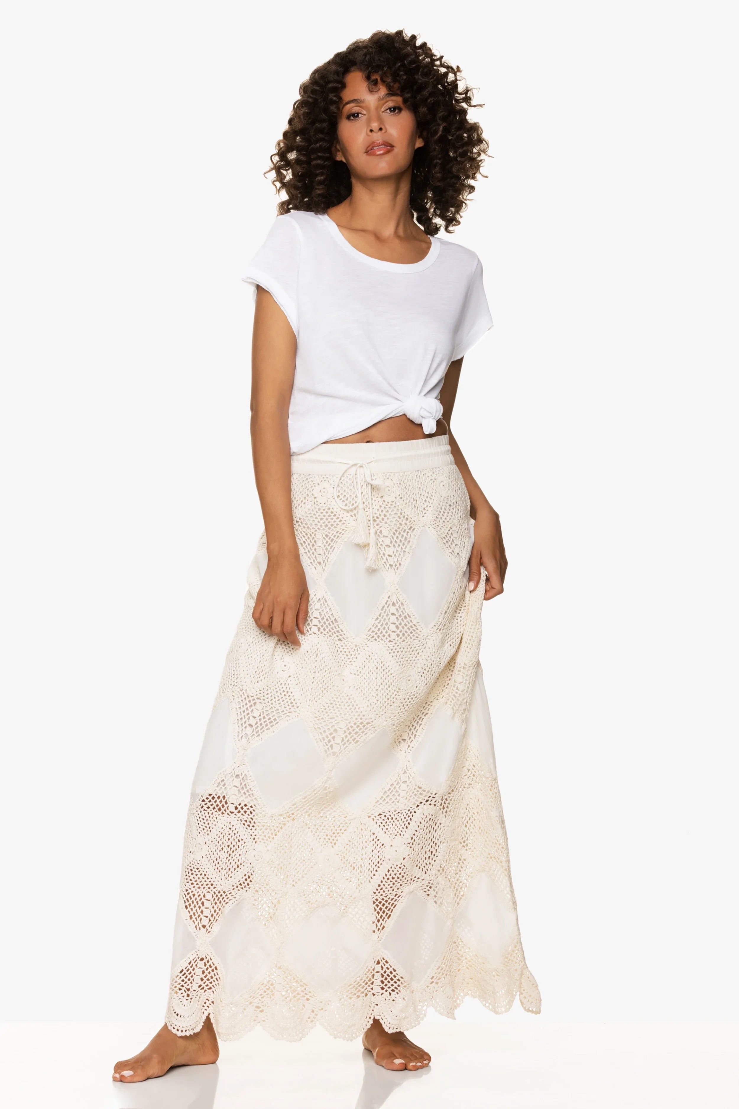 Elegant Scallop Crochet Maxi Skirt & Bandeau Dress Set in Ivory - Perfect for Beach Vacations, Summer Weddings & Boho Fashion