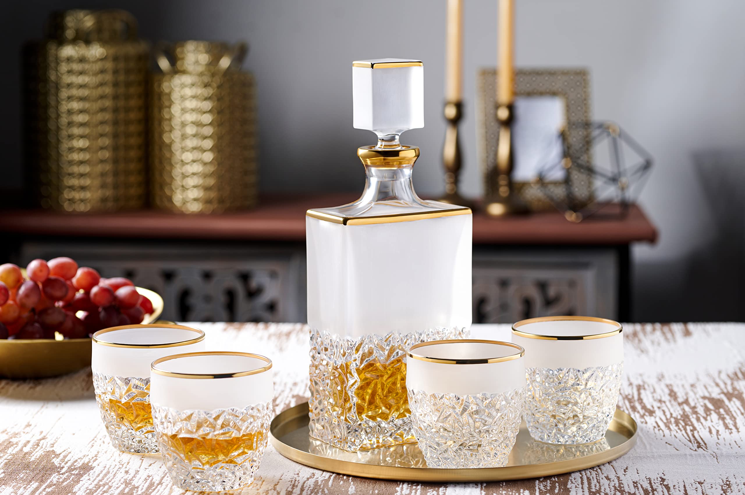 Premium European Crystal Glass Set of 6 - 12 oz Double Old Fashioned Tumblers with Frosted Crack Design & Gold Band - Elegant Barware for Cocktails, Whiskey & Home Entertaining - Made in Europe
