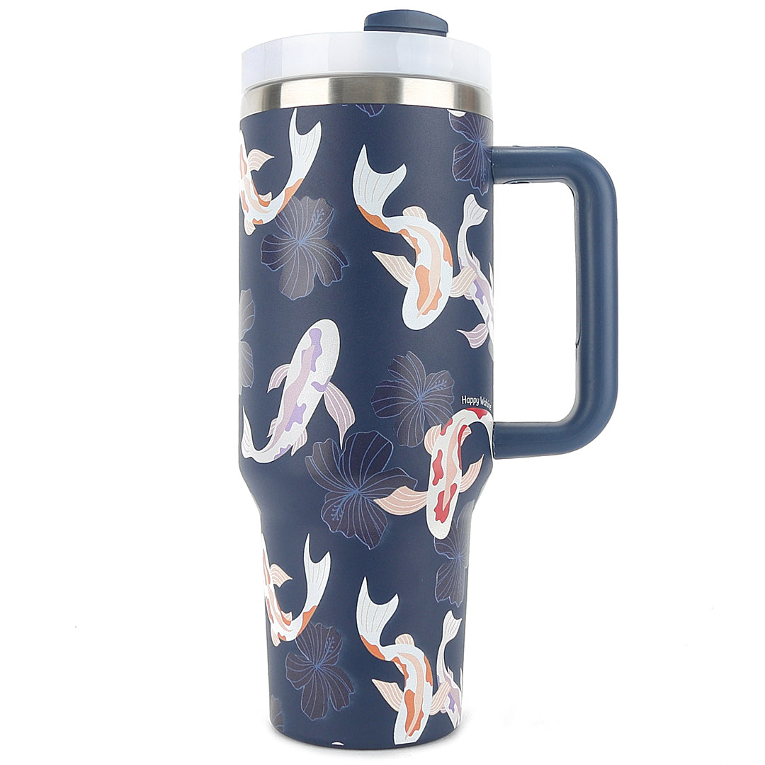 40oz Insulated Stainless Steel Tumbler with Lid & Straw - Koi Navy Double Wall Vacuum Cup for Hot & Cold Drinks - Perfect for Office, Gym, Travel and Outdoor Activities