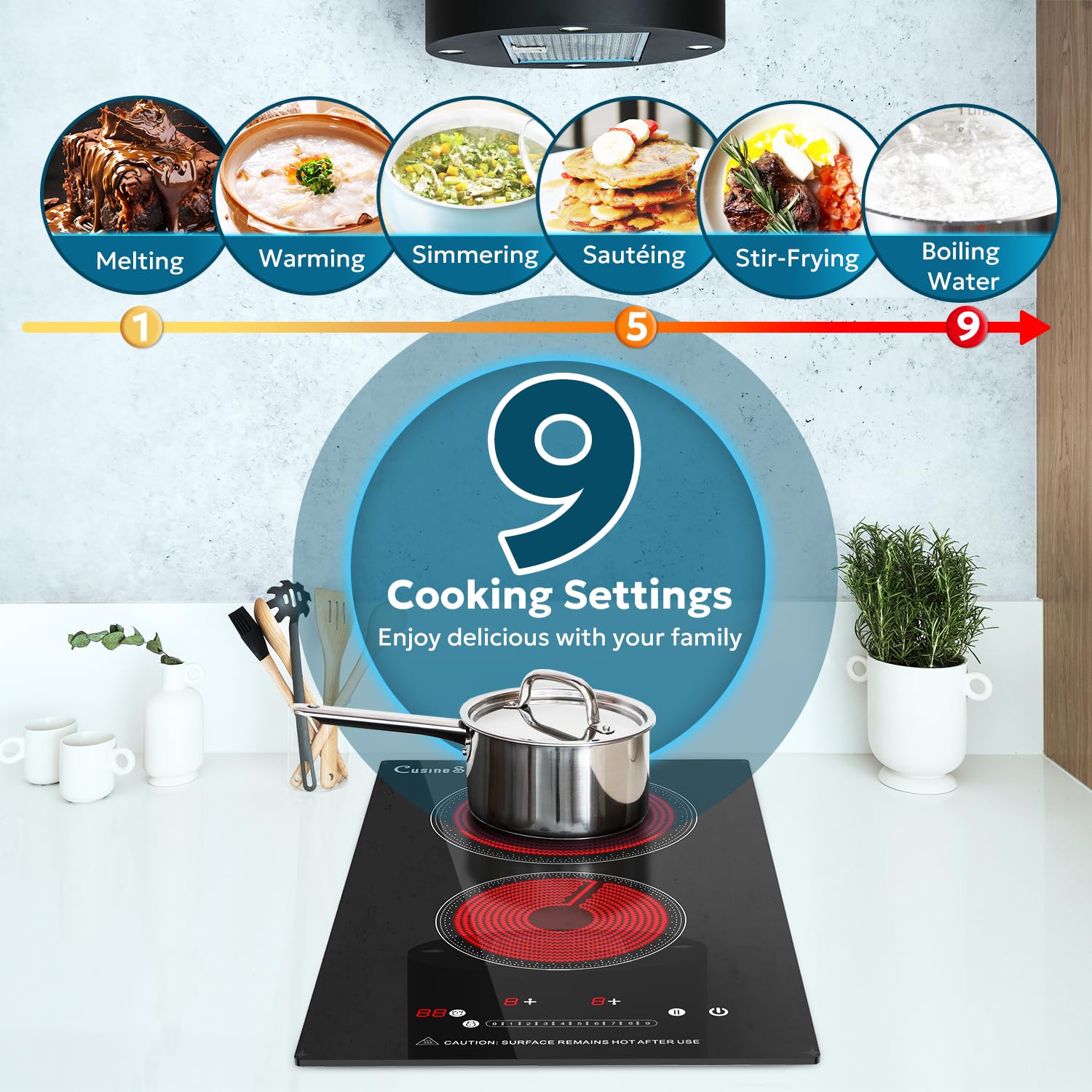 2 Burner Electric Cooktop - 12 Inch Portable Induction Stove with 9 Power Levels, Touch Control, Timer & Child Lock | Countertop & Built-In Kitchen Solution | Perfect for Small Apartments, RVs & Outdoor Cooking (110-120V)