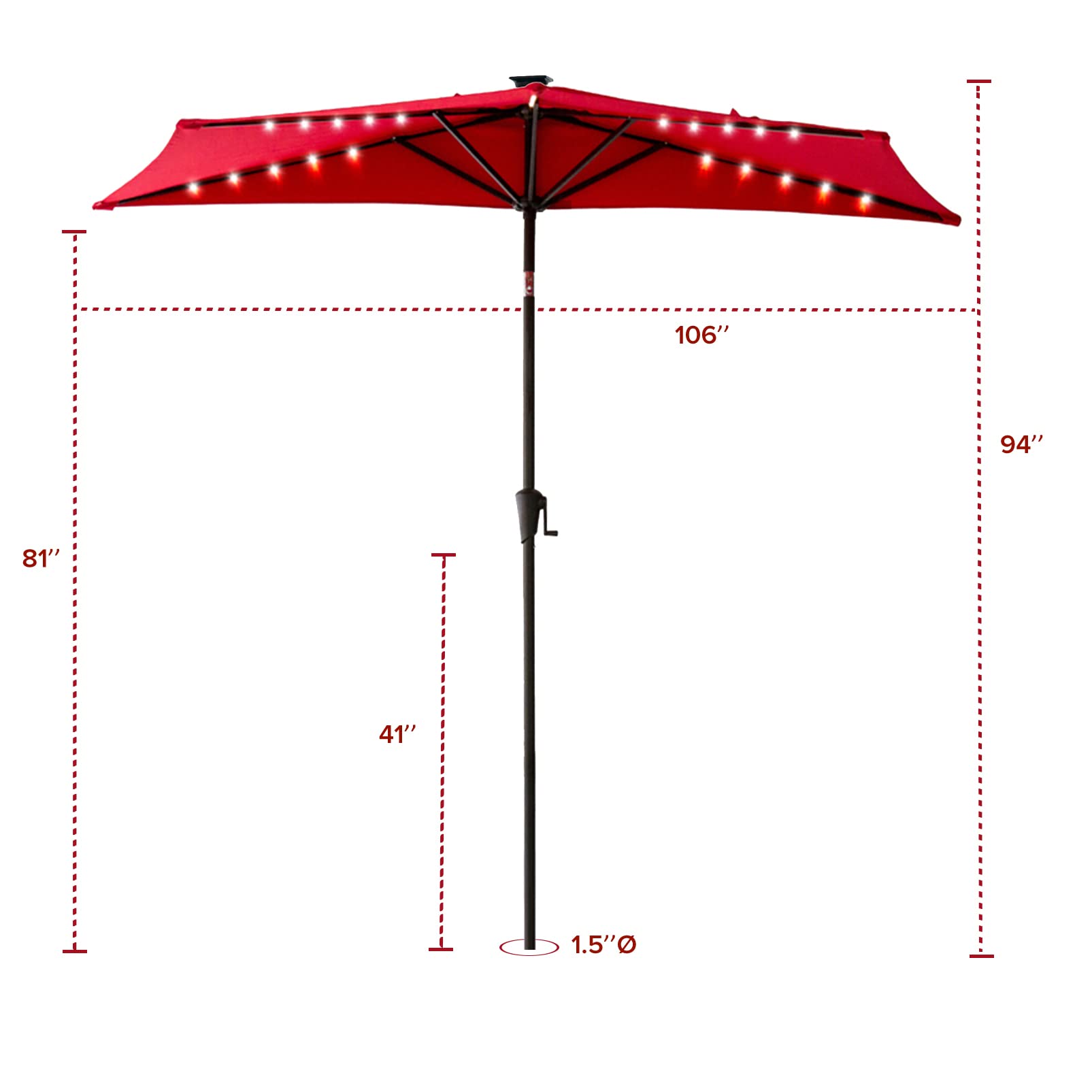 FLAME&SHADE 9 ft Solar Powered Half Round Patio Umbrella with LED Lights & Tilt - Waterproof Outdoor Market Umbrella for Garden, Balcony, Wall - Perfect for Backyard, Poolside & Restaurant Dining (Red)