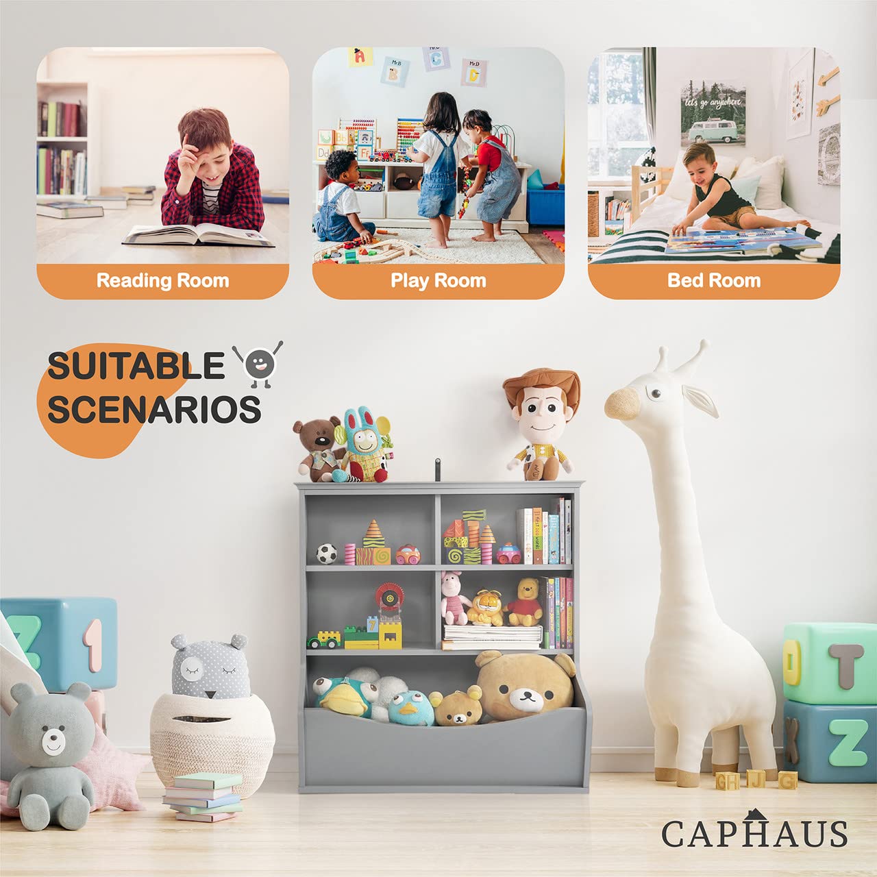 CAPHAUS Kids Toy Storage Organizer - 6 Bin Open Shelf Bookcase with Wheels, Multifunctional Bookshelf & Toy Organizer for Nursery, Playroom, Bedroom & Closet | Perfect for Organizing Toys, Books & Kids Room Decor