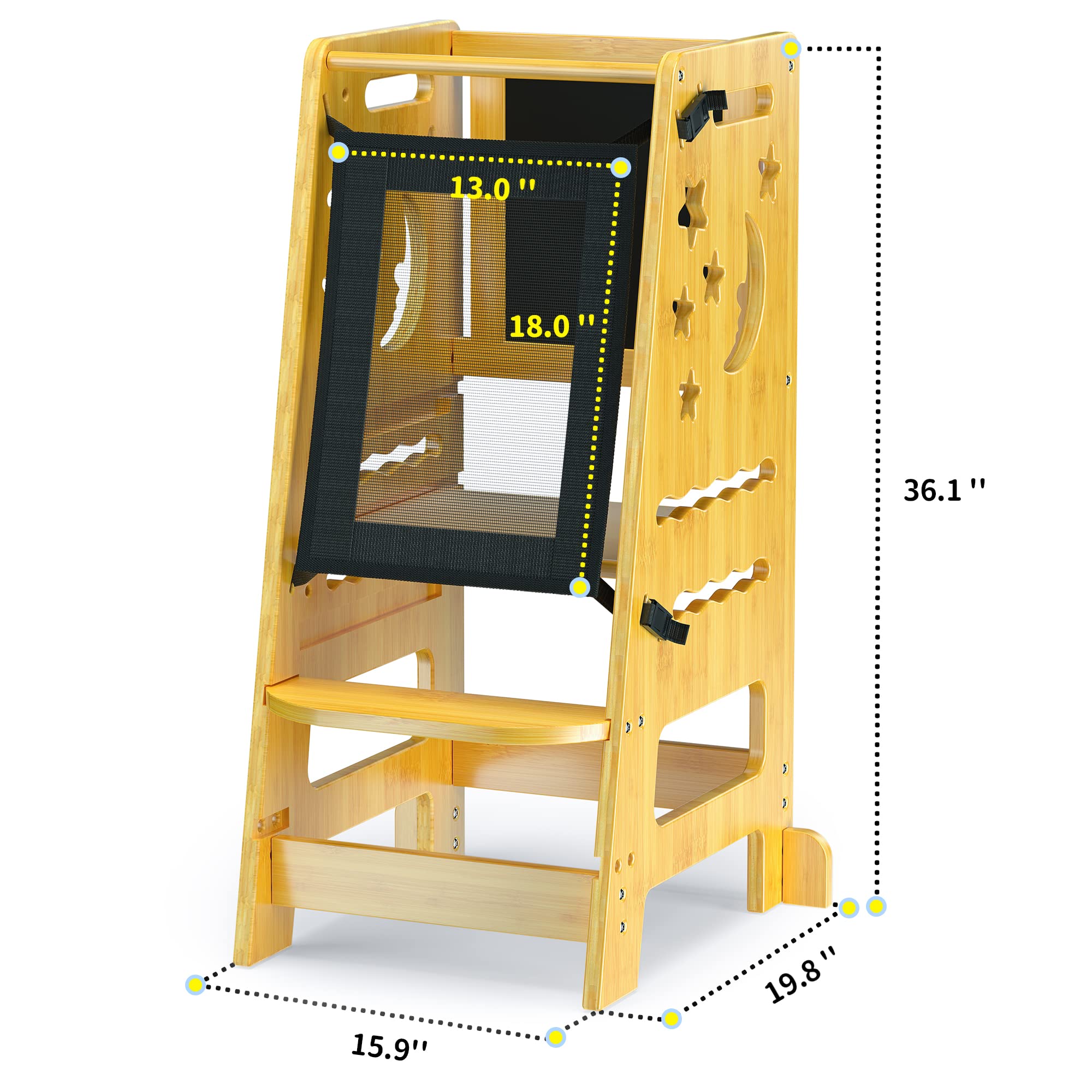 TOETOL Adjustable Height Kids Kitchen Step Stool - Bamboo Toddler Standing Tower Helper with Black & White Activity Board | Safe Learning Stool for Cooking, Baking & Playtime