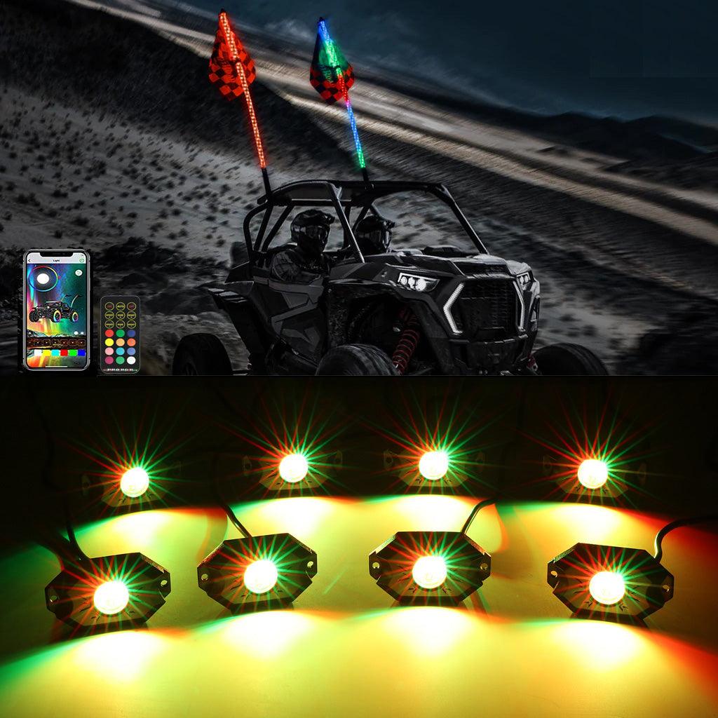 2Pcs 4FT RGB LED Whip Lights with Turn Signal & Brake Light + RGB LED Rock Lights Set - Bluetooth Controlled Car Underglow & Exterior Lighting for Off-Road Trucks, Jeeps & ATVs - Perfect for Night Driving, Car Shows & Off-Road Adventures