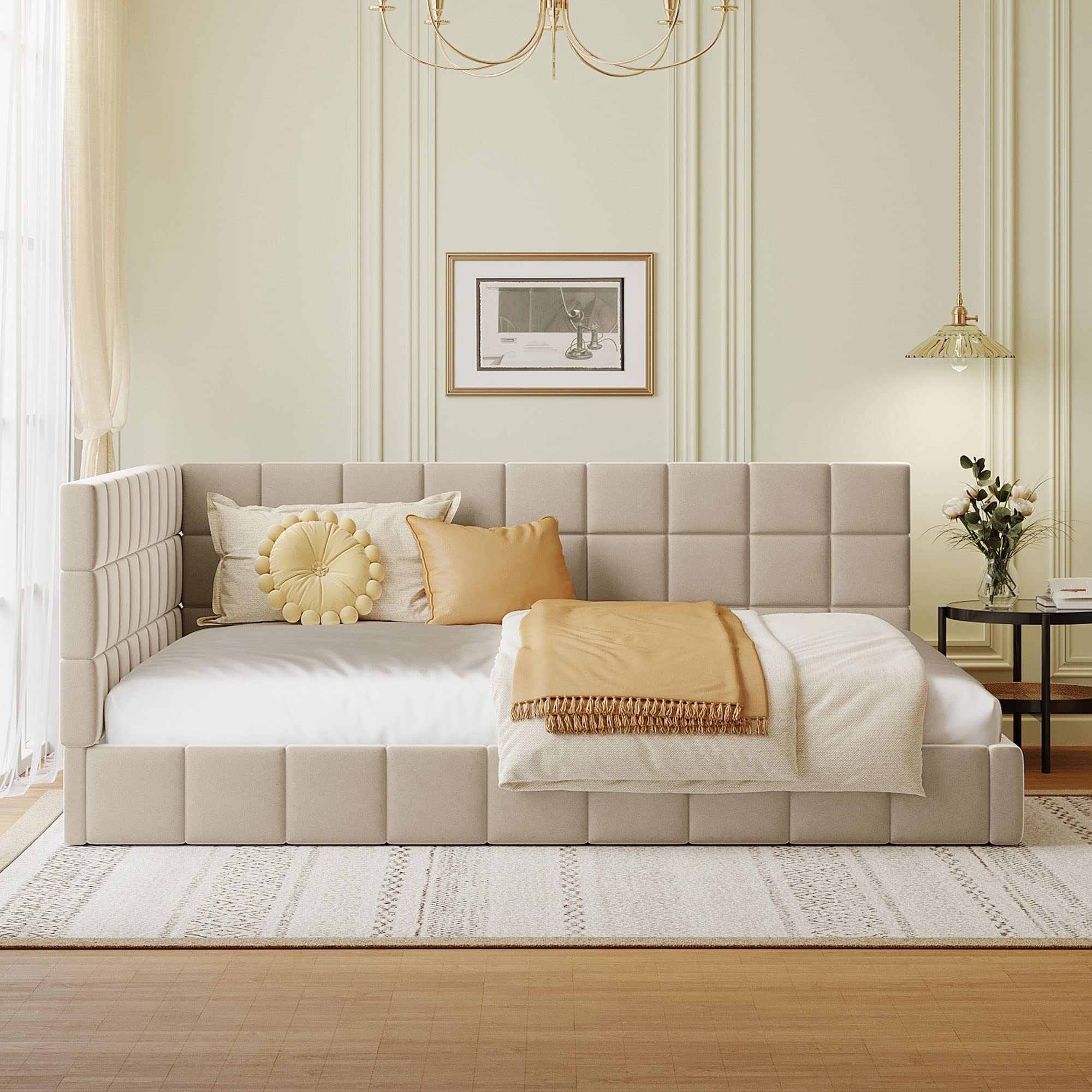 Merax Full Size Upholstered Velvet Daybed Sofa Bed Frame - No Box Spring Needed, Beige | Perfect for Guest Room, Small Space & Modern Living Room