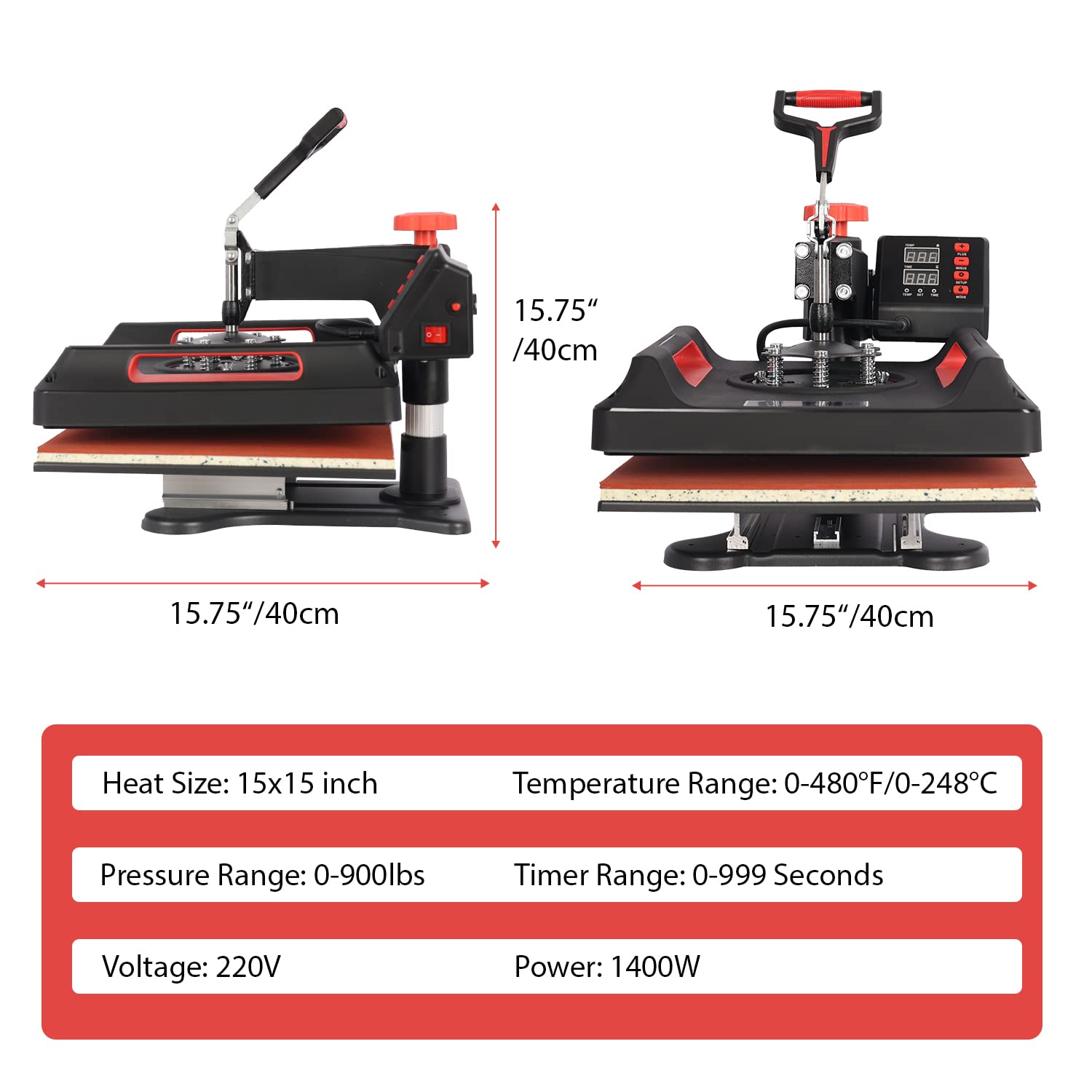 UKPRESS 8-in-1 Heat Press Machine 38x38cm with Digital Control - Sublimation Printing for T-Shirts, Mugs, Hats & More - 360° Swing Away Design (Red) | Perfect for DIY Crafts, Small Business & Custom Apparel Printing