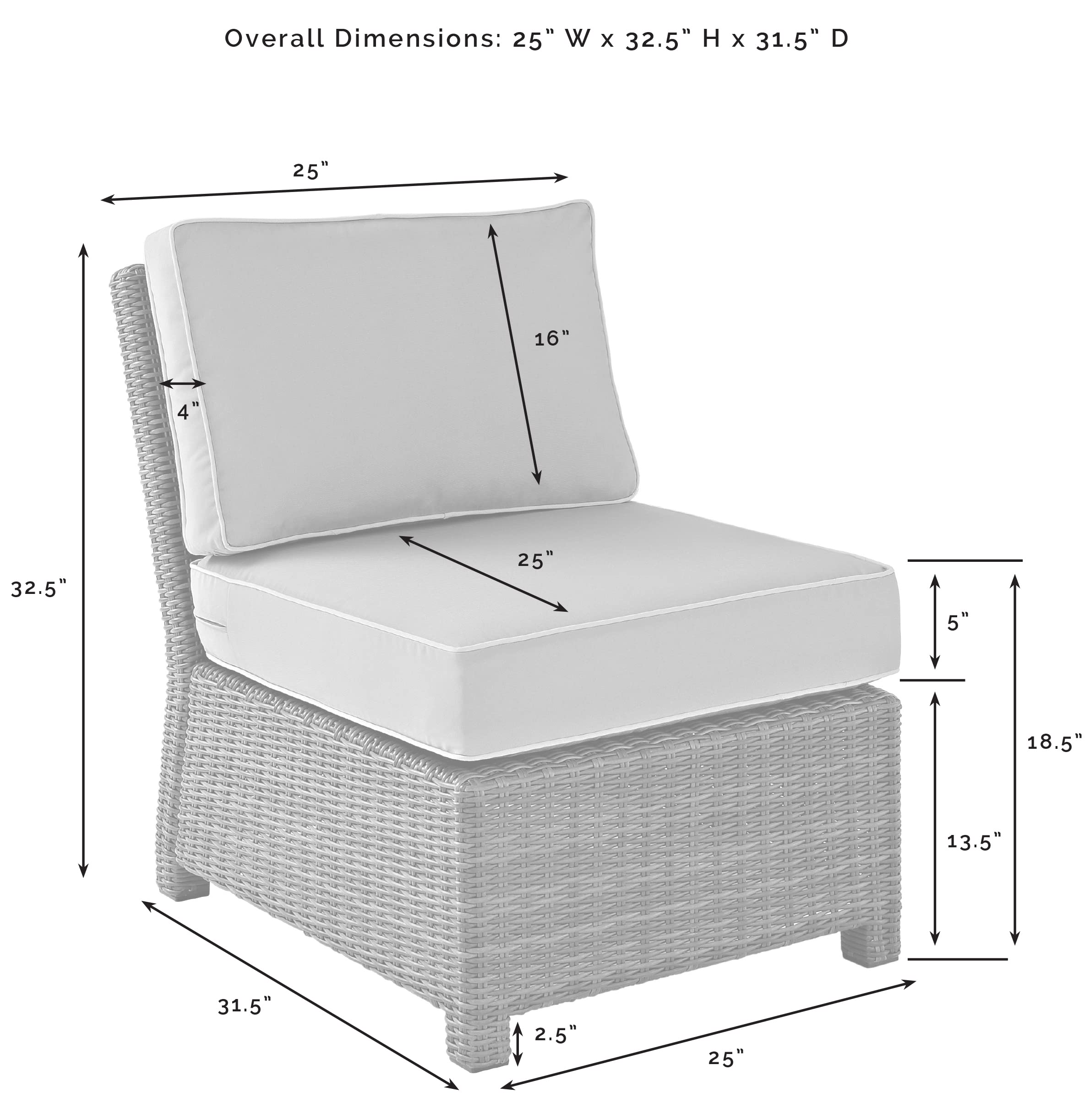 Crosley Bradenton Armless Outdoor Sectional Chair - Gray Wicker Patio Furniture with Gray Cushions for Porch, Deck, Backyard | Perfect for Relaxing, Entertaining & Outdoor Lounging