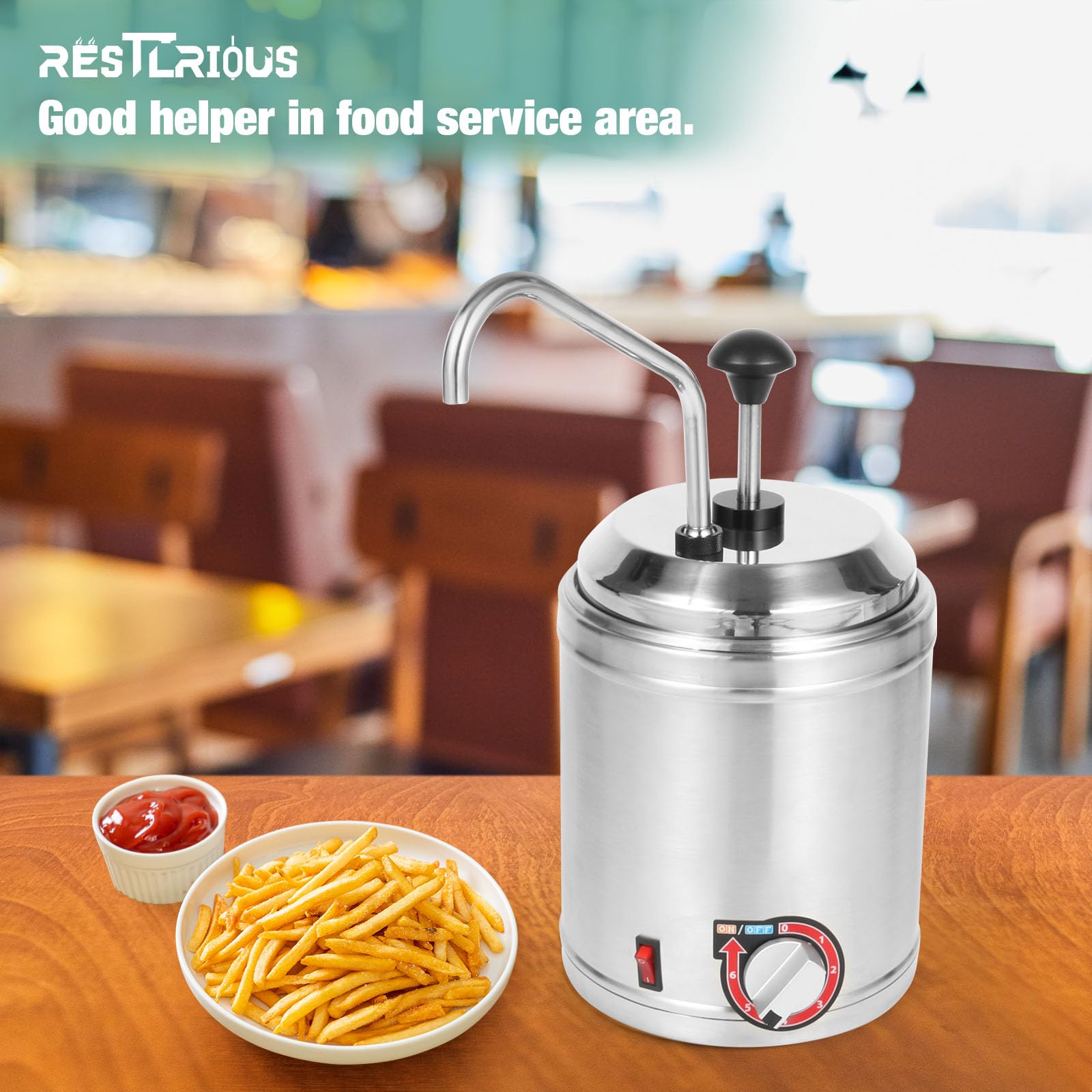 Electric Hot Fudge Dispenser with Temperature Control - 2.6QT Round Stainless Steel Nacho Cheese Warmer with Pump - Commercial Cheese Melting Station for Buffets, Bakeries & Restaurants (110V/200W) - Perfect for Chocolate Fountain, Dessert Bars & Catering Events