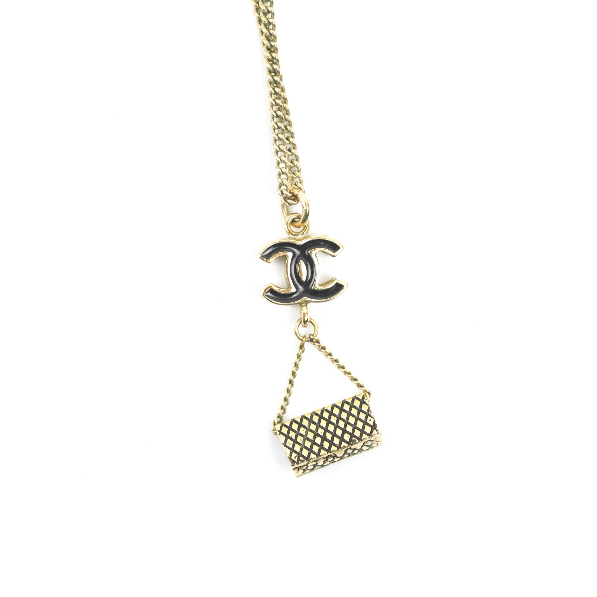 Chanel CC Black Enamel Flap Bag Charm Pendant Necklace in Gold Tone - Elegant Jewelry Gift for Women, Perfect for Parties, Date Nights & Special Occasions