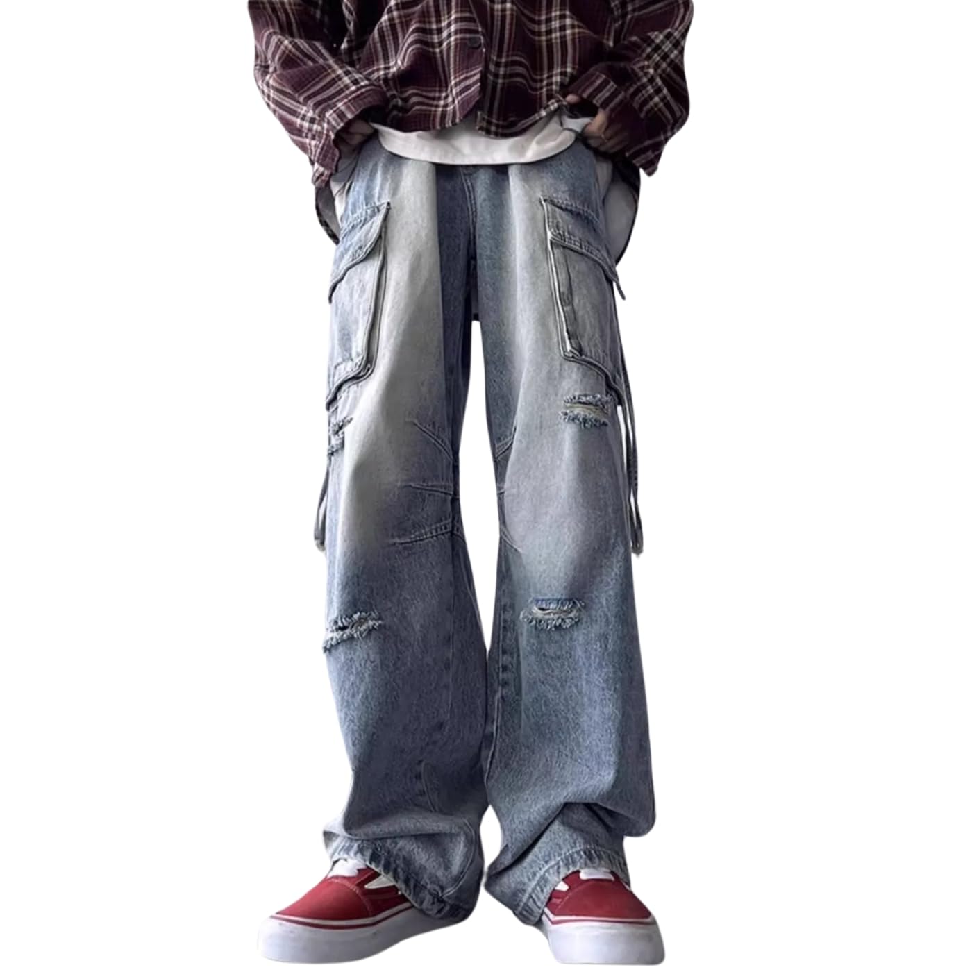 Men's Cargo Baggy Jeans - Y2K Ripped Straight Leg Denim Pants for Hip Hop & Grunge Fashion (Blue) | Streetwear, Casual Outfits, Urban Style