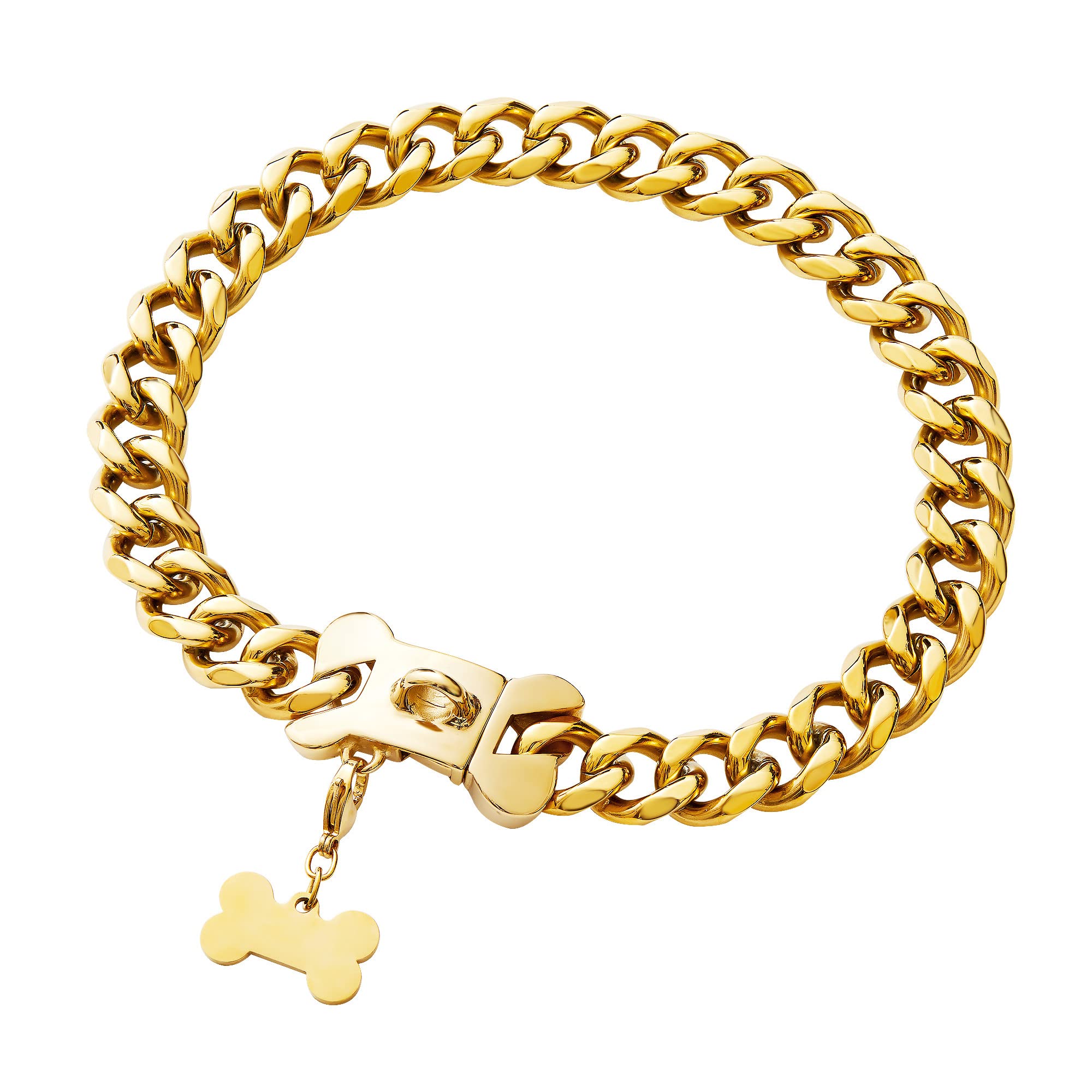 Stainless Steel Gold Cuban Link Dog Collar - Heavy Duty Pet Collar for Small, Medium & Large Dogs - Adjustable Safety Buckle - Perfect for American Bully, French Bulldog & More - Great for Daily Walks, Training & Fashion Accessories