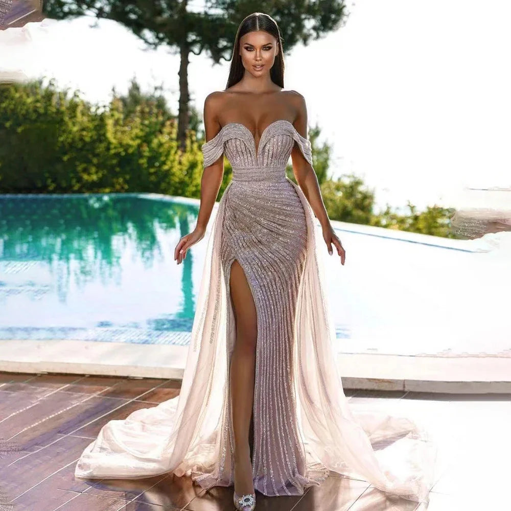 Elegant Nude Mermaid Evening Dress with Overskirt & Beaded Off-Shoulder Design for Women's Party Wear 2024 - Perfect for Prom, Gala & Formal Events - LA71728