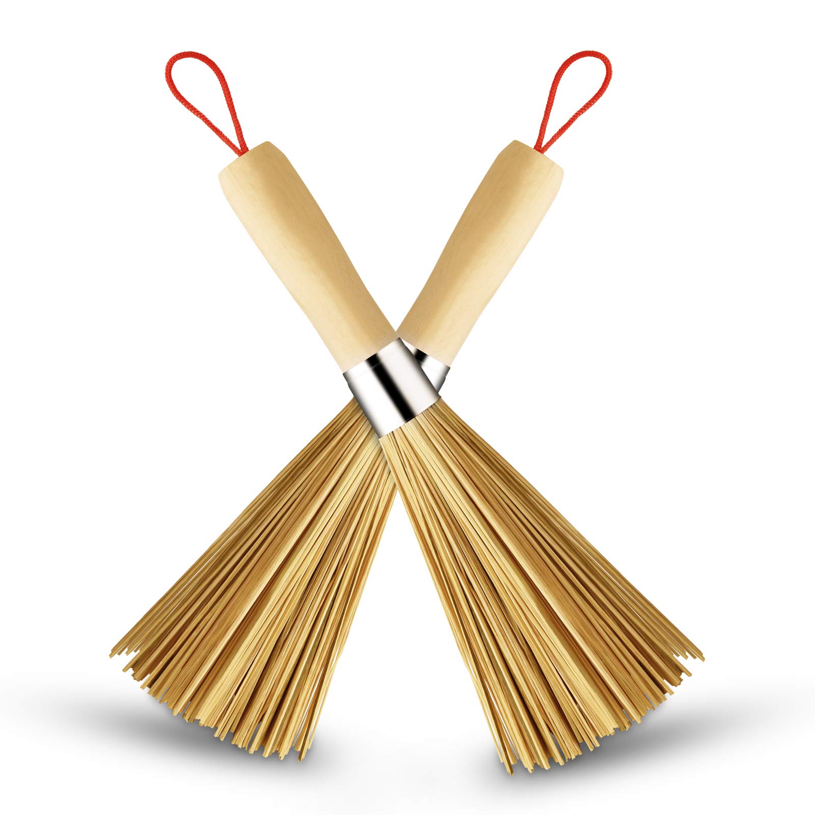 2 Pack Bamboo Wok & Pot Brush Set - Natural Wooden Handle Cleaning Brushes for Non-Stick Pans, Cast Iron Cookware, Pots and Skillets - Perfect for Kitchen, Camping and Outdoor Cooking