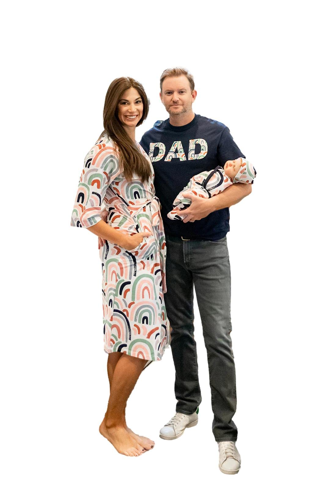 Baby Be Mine Maternity Nursing Delivery Robe & Baby Girl Swaddle Blanket Set with Daddy T-Shirt (Large/X-Large Robe - X-Large Tshirt, Rainbow) | Soft Postpartum Hospital Gown & Newborn Swaddle Combo for Breastfeeding Moms & Matching Family Outfits