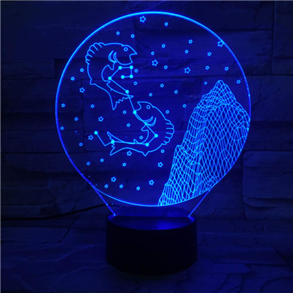 3D Illusion LED Night Light - Pisces Zodiac Sign with 3D Effect, Kids Bedroom Decor, Home Bedside Table Lamp for Nursery, Living Room & Gift Giving