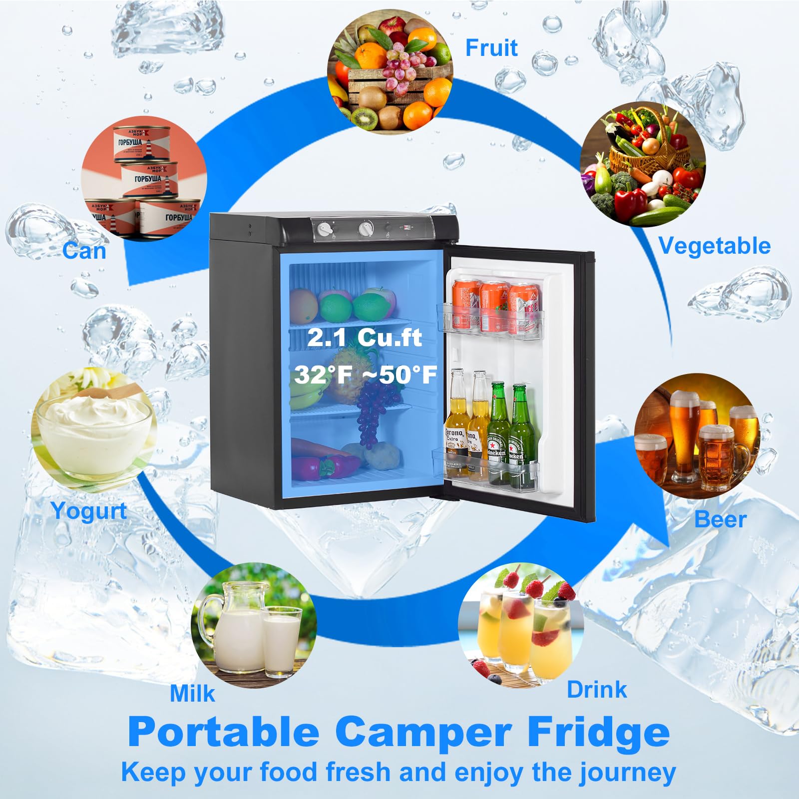 3-Way RV Refrigerator - 2.1 Cu.Ft LPG/110V/12V Off-Grid Fridge for Campers, Trucks & Travel - Portable Gas & Electric Cooler for Outdoor Kitchen, Picnics & Road Trips - Black Compact Freezer