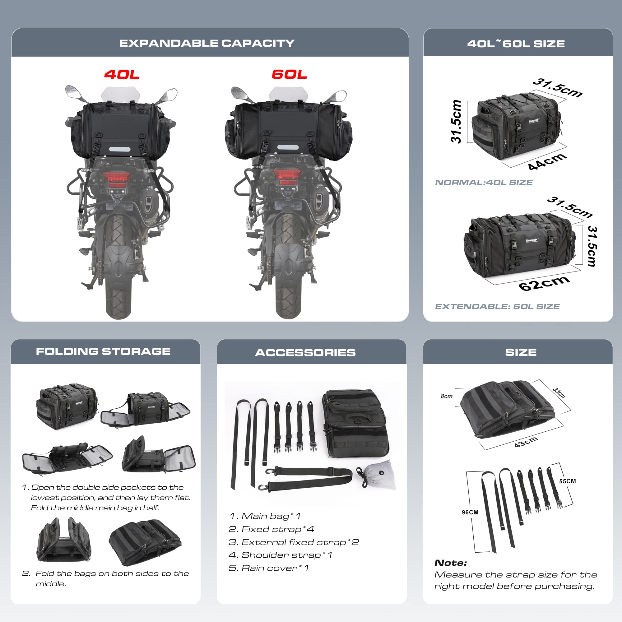 HUNTVP 40-60L Motorcycle Seat Bag - Waterproof Motorcycle Tail Bag with Rain Cover, Shoulder Strap & Adjustable Straps - Durable Travel Luggage for Motorbike, Rear Tack Storage - Perfect for Commuting, Road Trips & Adventure Riding (Black)