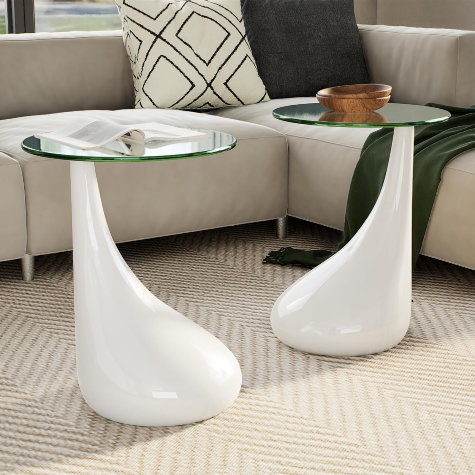 Modern White Round Coffee Table Set with Glass Top - 2-Piece Small Living Room & Bedroom Furniture (16.5