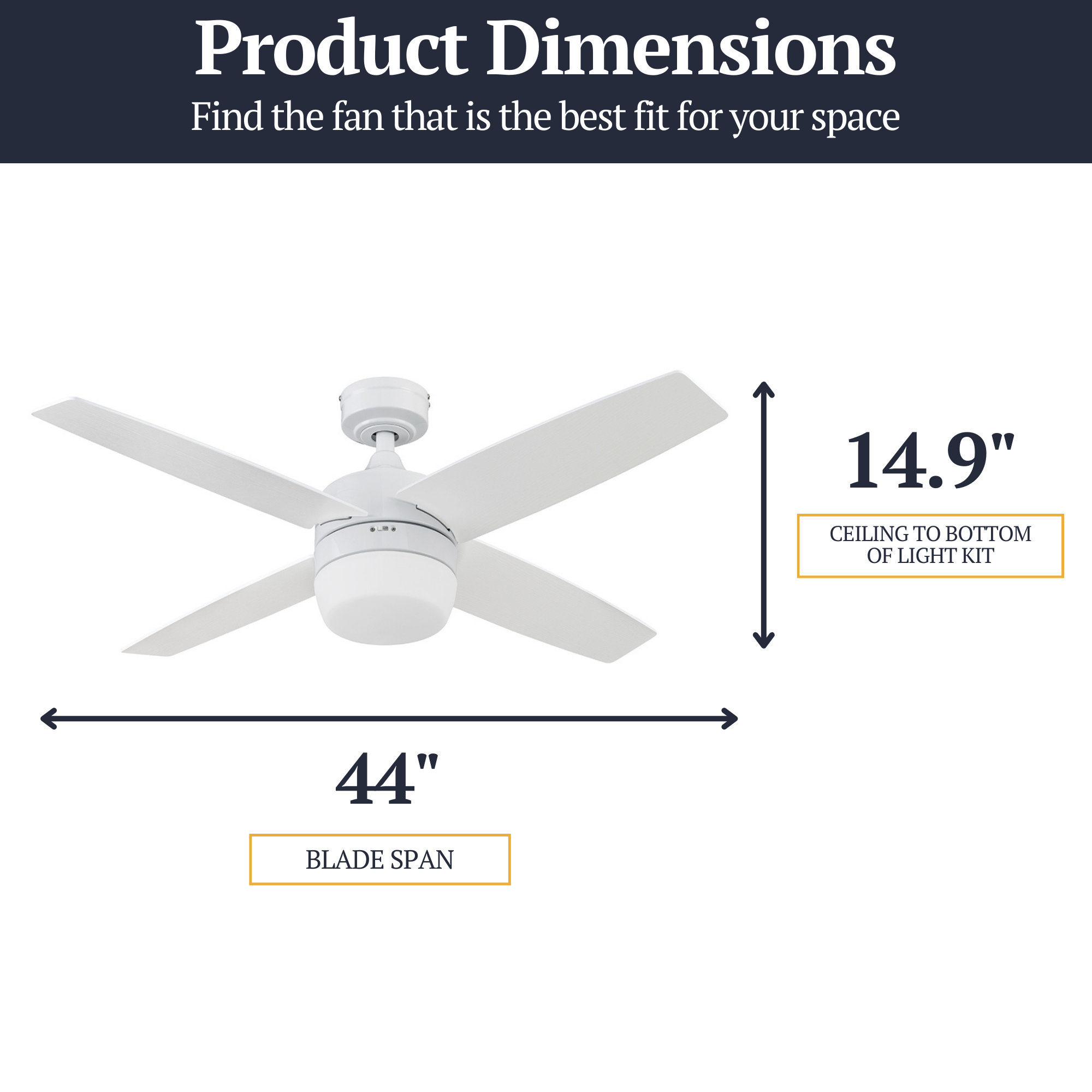 44 Inch White Atlas Ceiling Fan with Remote Control - Perfect for Living Room, Bedroom, and Outdoor Spaces