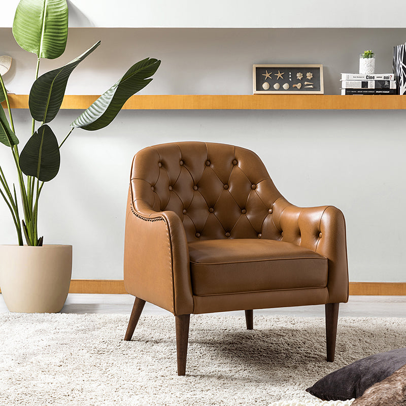 **Casio Genuine Leather Barrel Chair with Wooden Legs – Stylish Accent Chair for Living Room, Office, or Lounge**