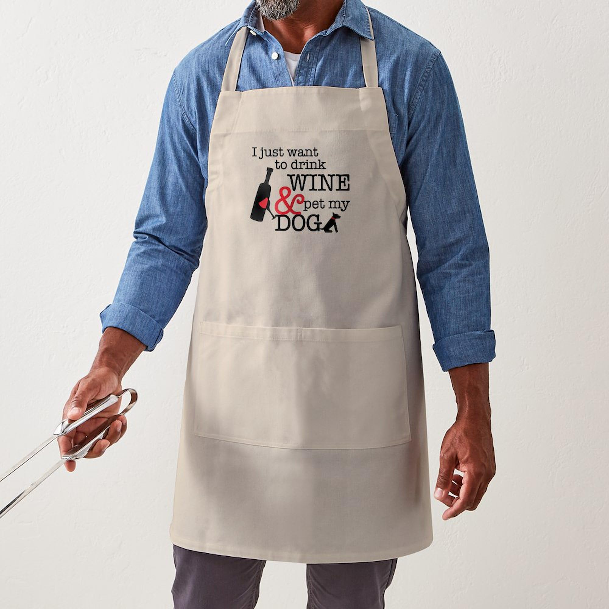 Wine and Dog Lover's Kitchen Apron with Pockets - BBQ Grilling & Baking Apron for Cooking Enthusiasts - Perfect for Home Chefs, Outdoor Barbecues, and Holiday Gift Giving