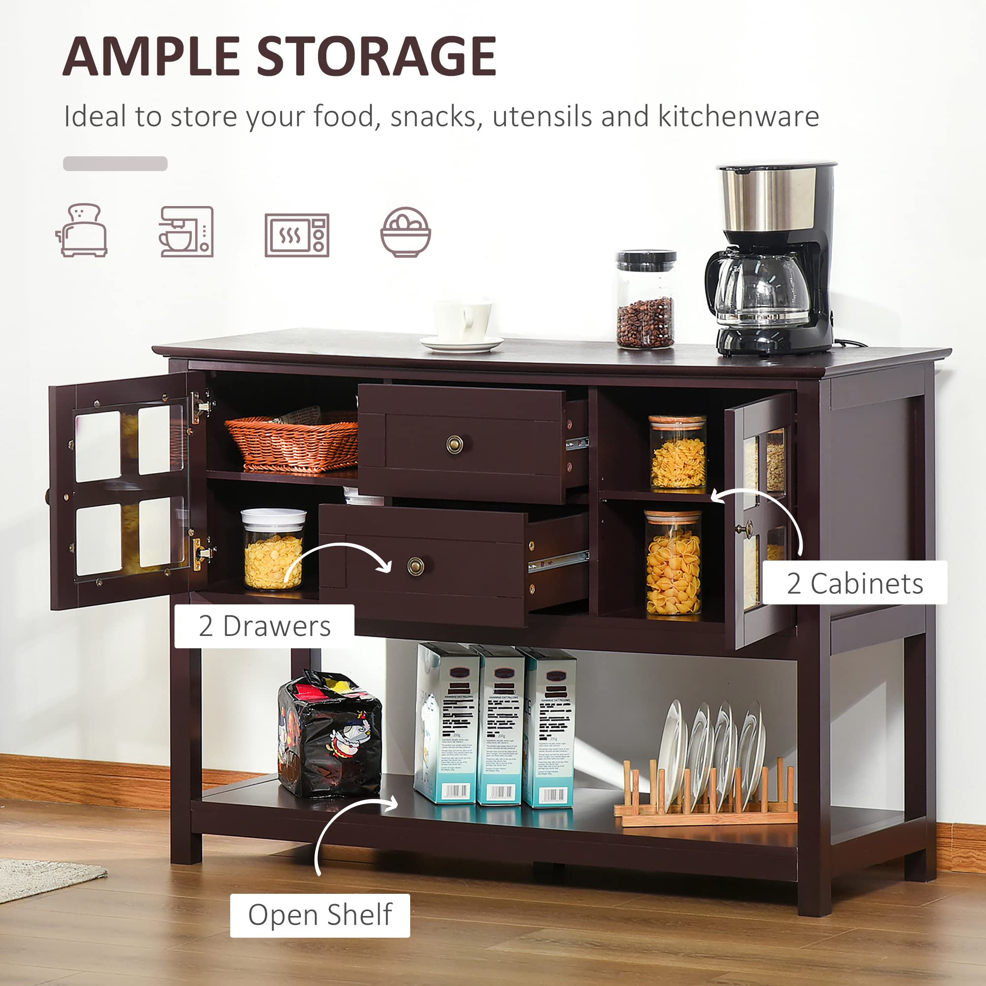HOMCOM Coffee Bar Cabinet with Adjustable Shelves, Glass Doors & 2 Drawers - Kitchen Buffet Sideboard for Living Room, Espresso Bar & Dining Room Storage