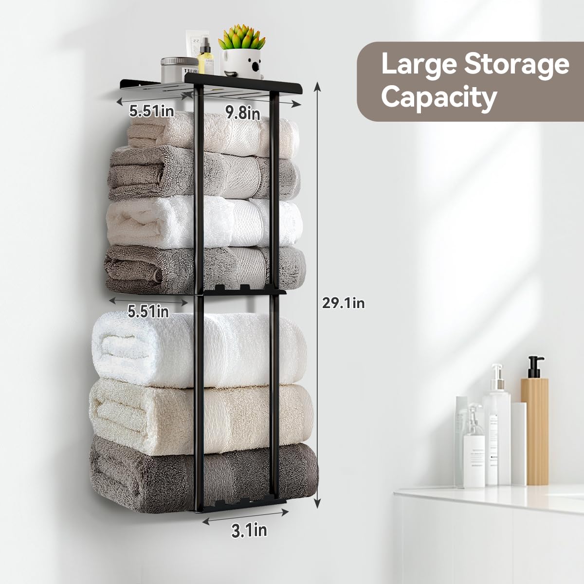 3-Tier Black Metal Wall Mounted Bathroom Towel Rack with Shelf & 6 Hooks - Heavy Duty Towel Holder for Rolled Towels Storage & Organization - Perfect for Small Bathrooms, Laundry Rooms & Spa Spaces