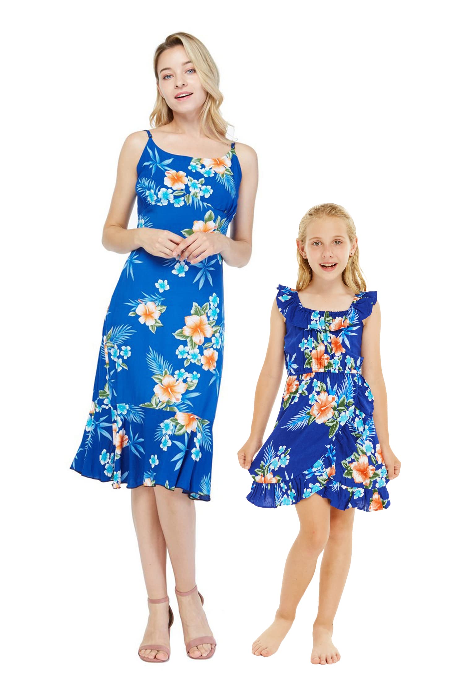 Hawaiian Luau Mermaid Ruffle Dress for Women & Girls - Matching Mother Daughter Hibiscus Blue Wrap Dress - Perfect for Beach Parties, Vacations & Summer Outfits