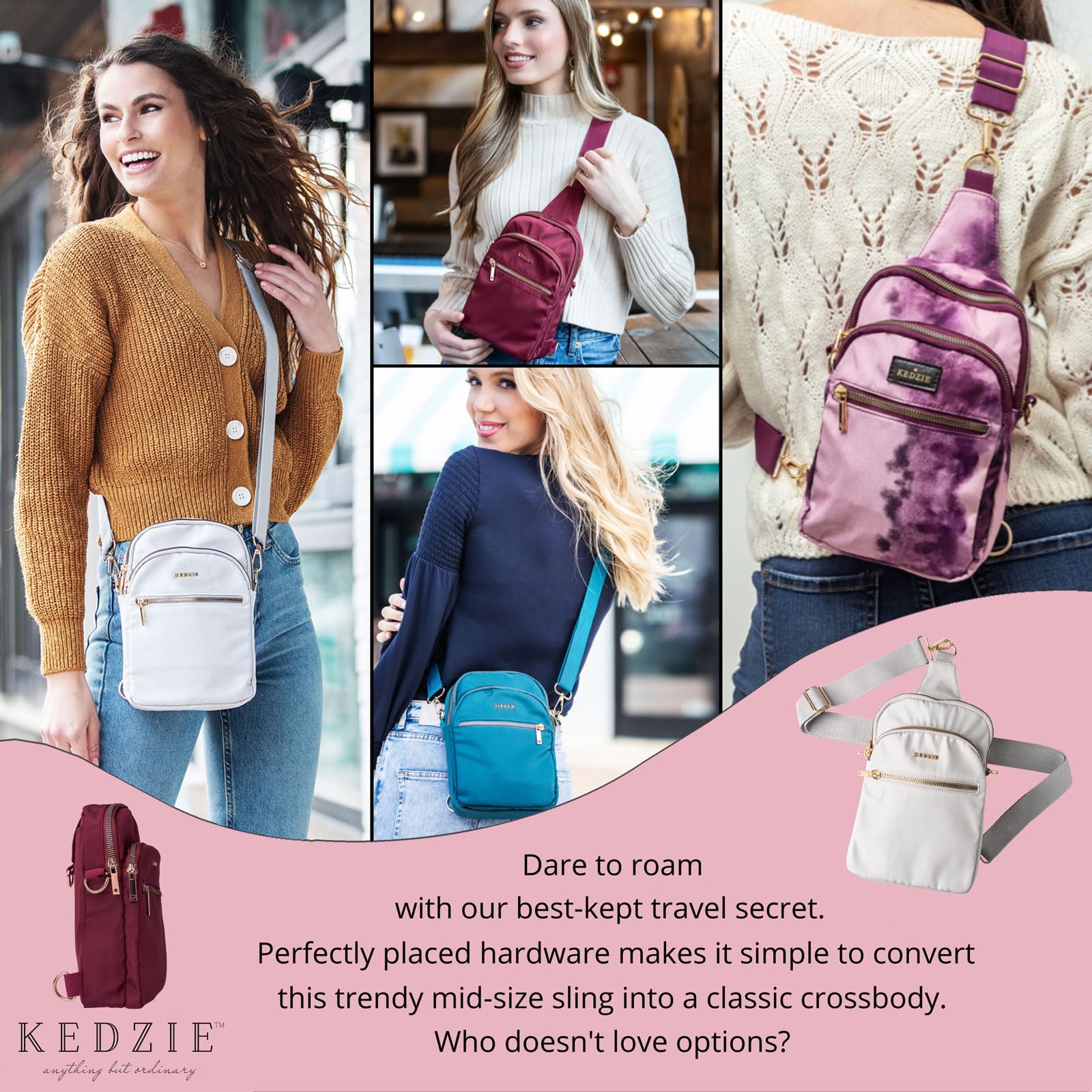 KEDZIE Women's Roundtrip Convertible Sling & Crossbody Bag with Adjustable Strap - Perfect for Travel, Work, and Everyday Use
