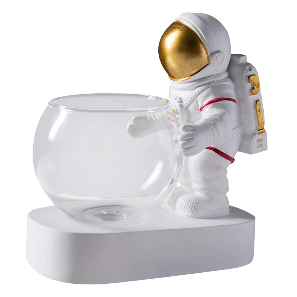 Baoblaze Glass Flower Vase with Astronaut Figurine - Clear Terrarium Planter for Succulents, Air Plants & Home Decor - Modern Centerpiece for Living Room, Office & Wedding Decorations (Golden)