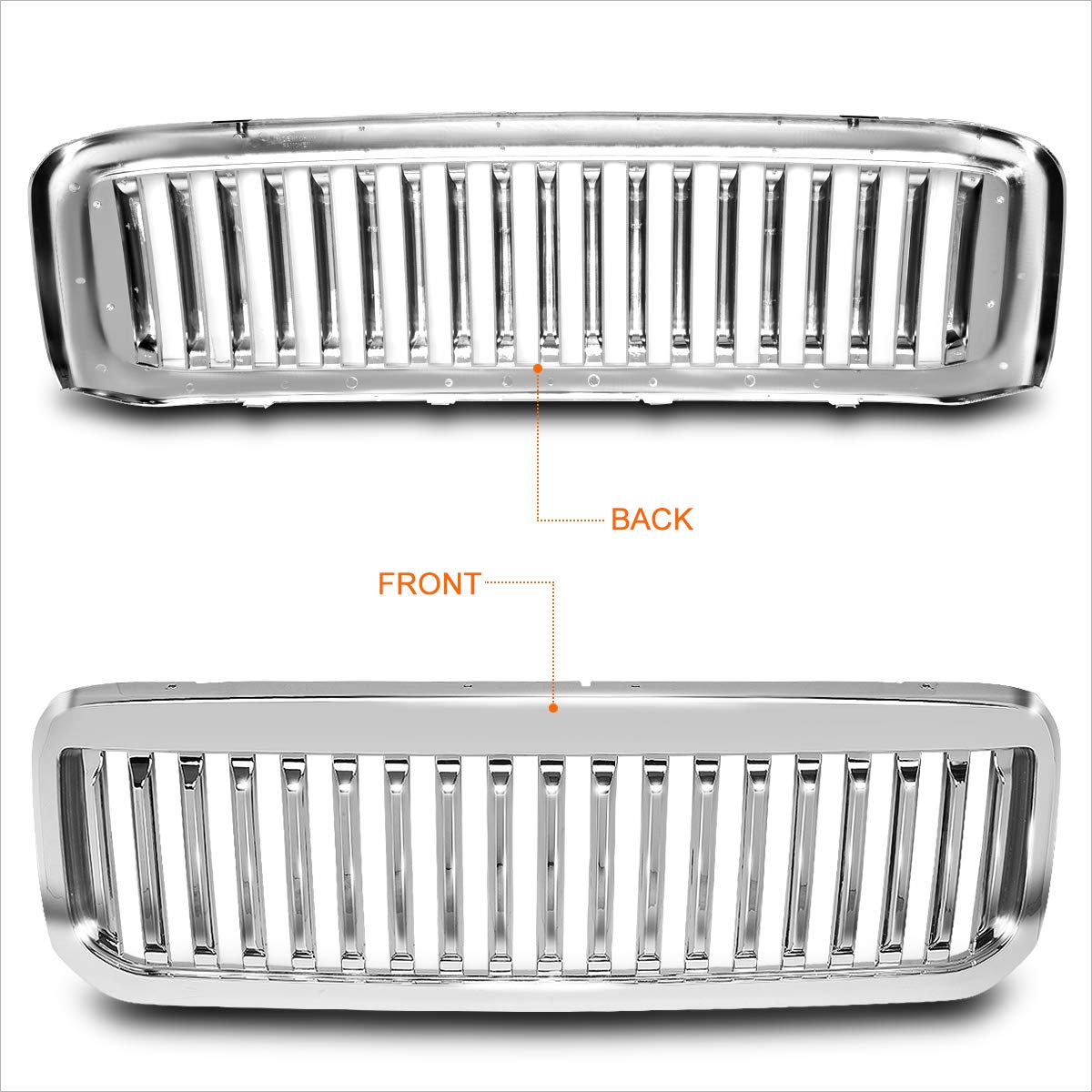 Chrome Vertical Fence Style Front Bumper Grille for 1999-2004 Ford F250 F350 F450 F550 Super Duty Trucks - Heavy Duty Replacement & Off-Road Upgrade