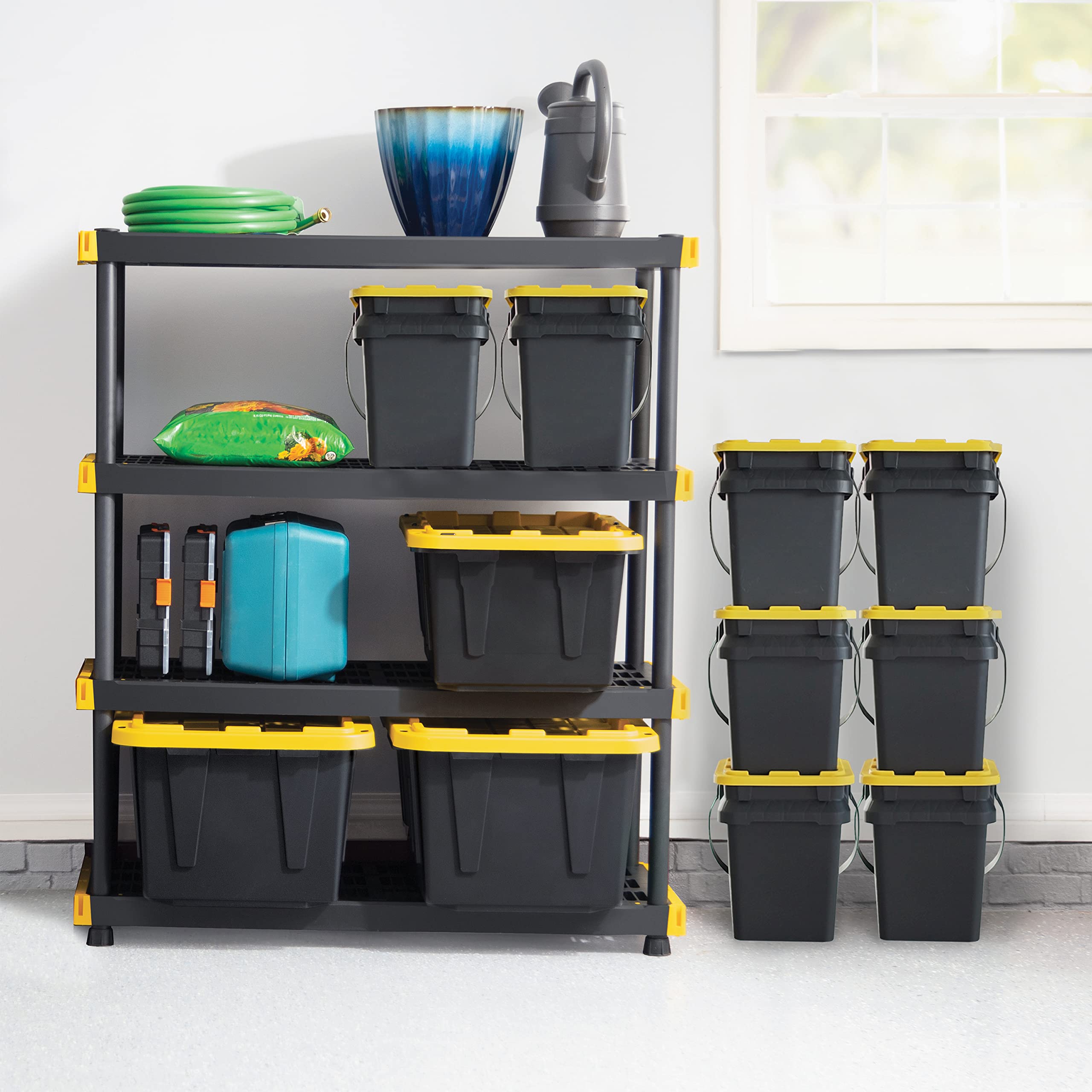 CX Black & Yellow® Heavy Duty Storage Shelving Unit with 27 Gallon Containers (4-Pack) - Ultra Durable Metal Rack for Garage, Warehouse & Home Organization